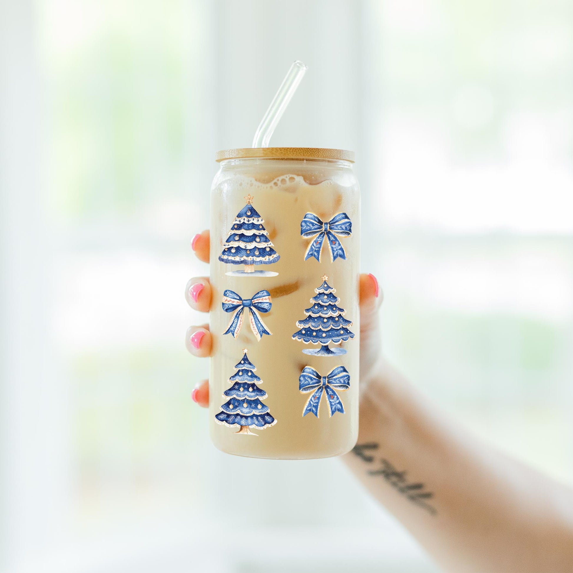 16oz Cold Brew Glass-Blue Noel - A Grand Millennial Christmas -7