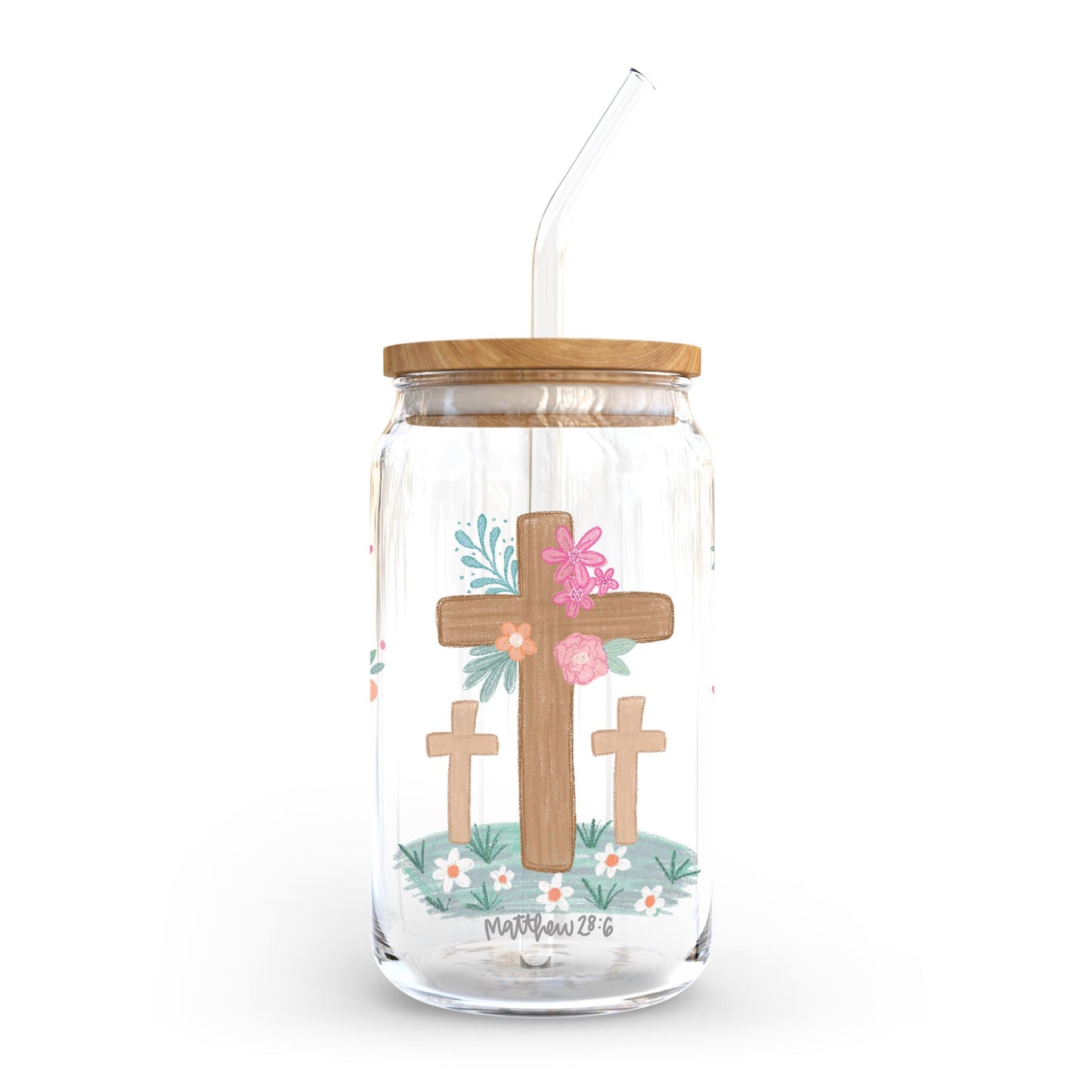 16oz Cold Brew Glass-Floral Cross Matthew 28:6