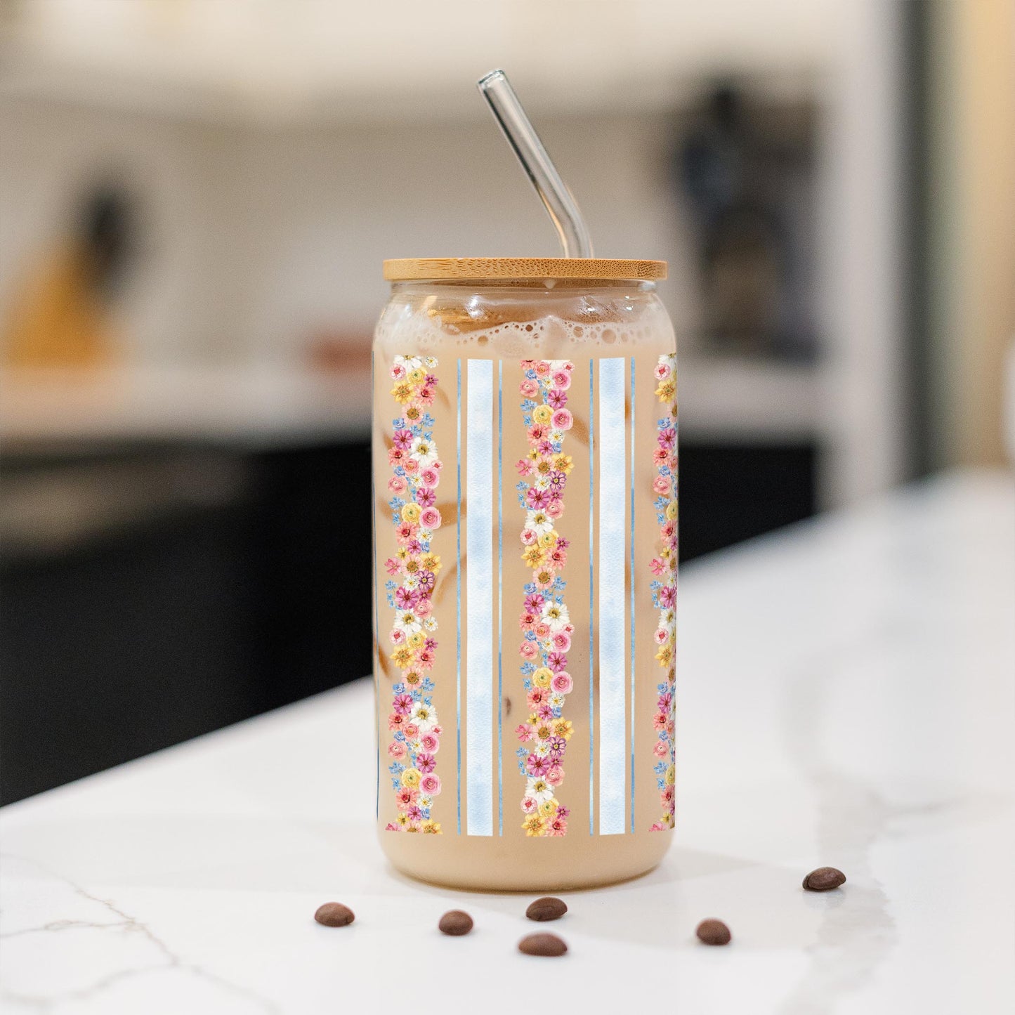 16oz Cold Brew Glass-Fantasy Garden Flower Stripes -1