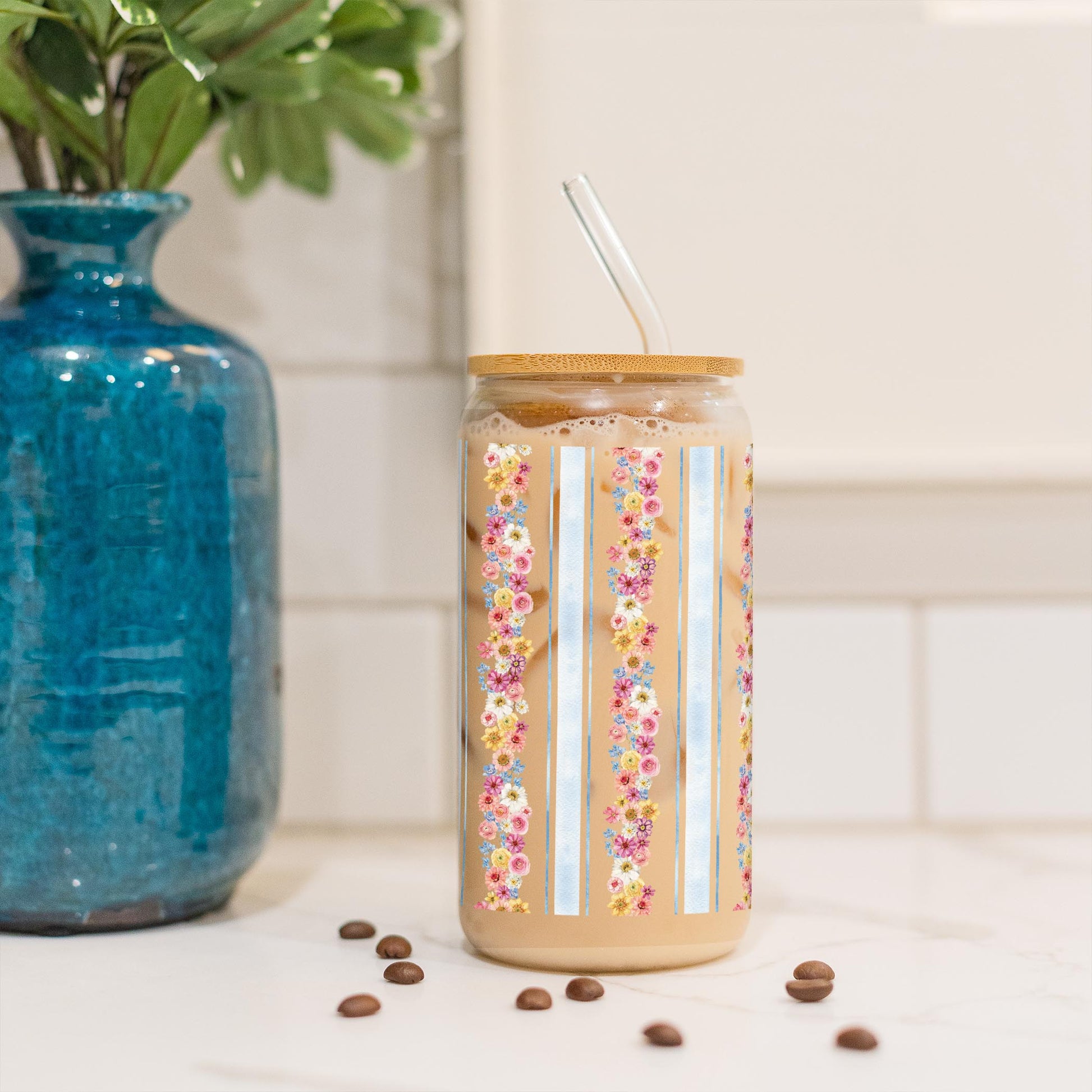 16oz Cold Brew Glass-Fantasy Garden Flower Stripes -3