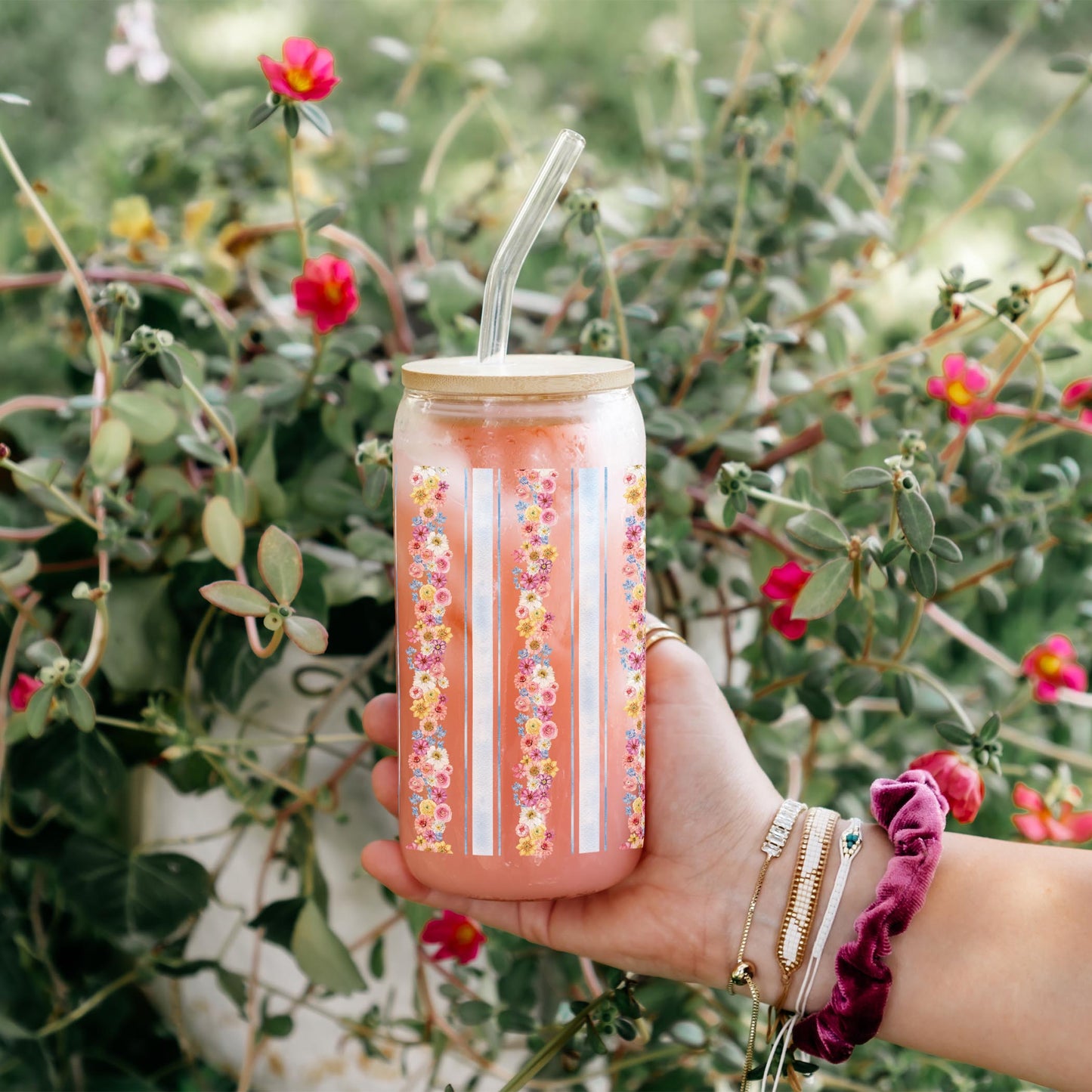 16oz Cold Brew Glass-Fantasy Garden Flower Stripes -4