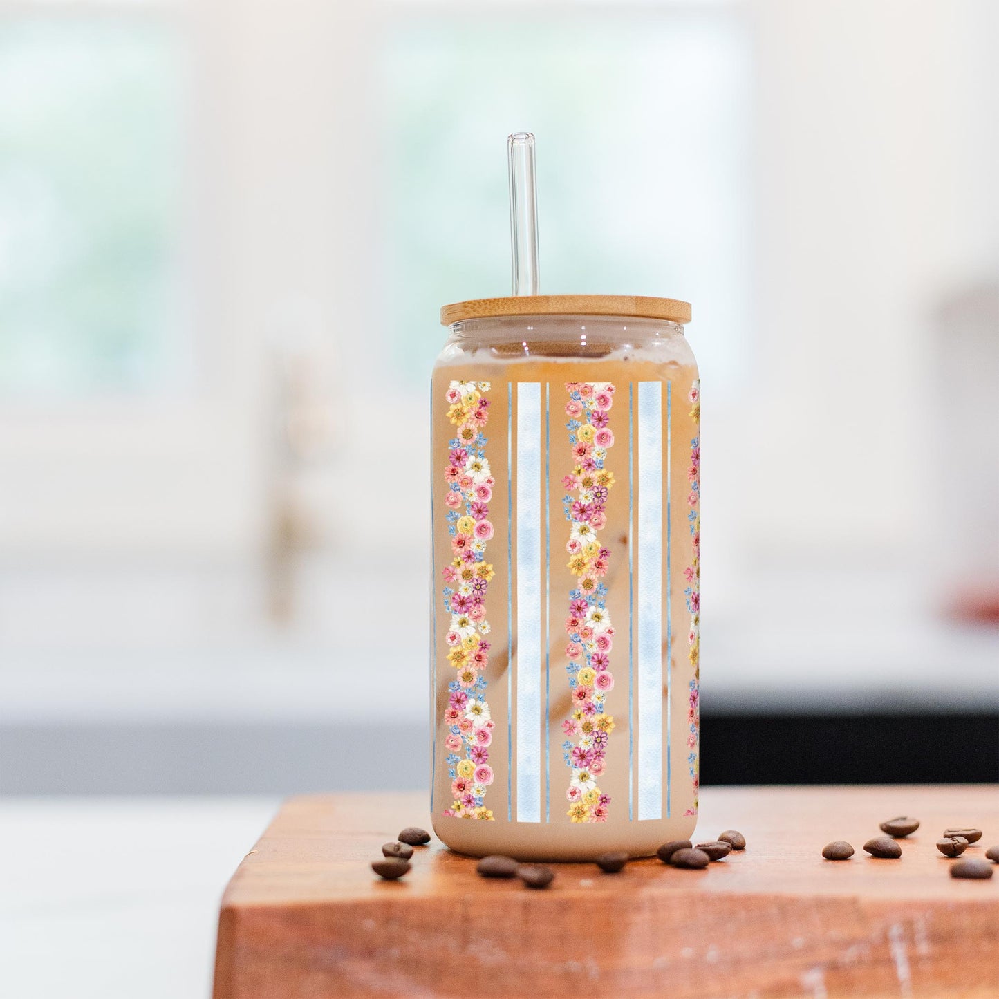 16oz Cold Brew Glass-Fantasy Garden Flower Stripes -5