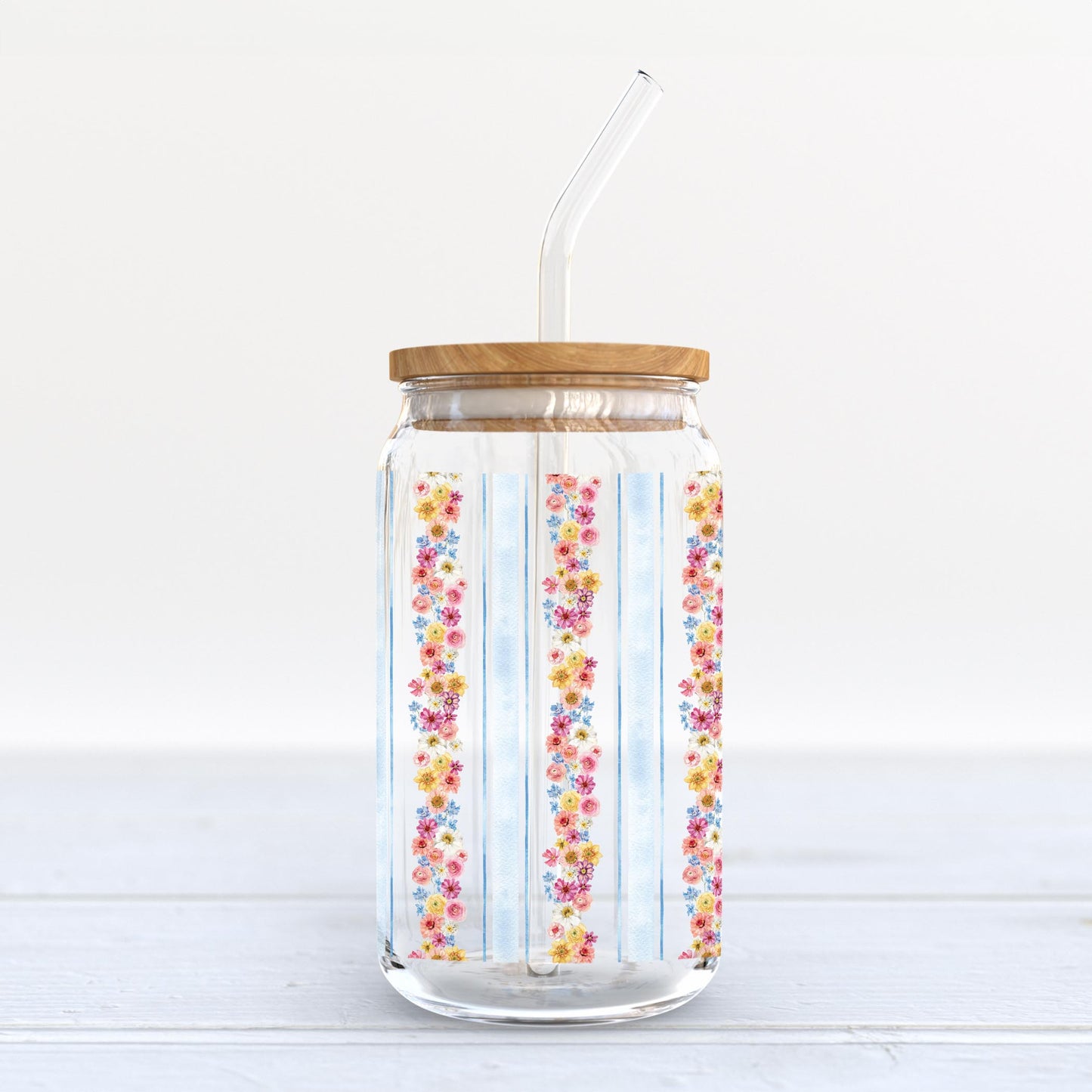 16oz Cold Brew Glass-Fantasy Garden Flower Stripes -6