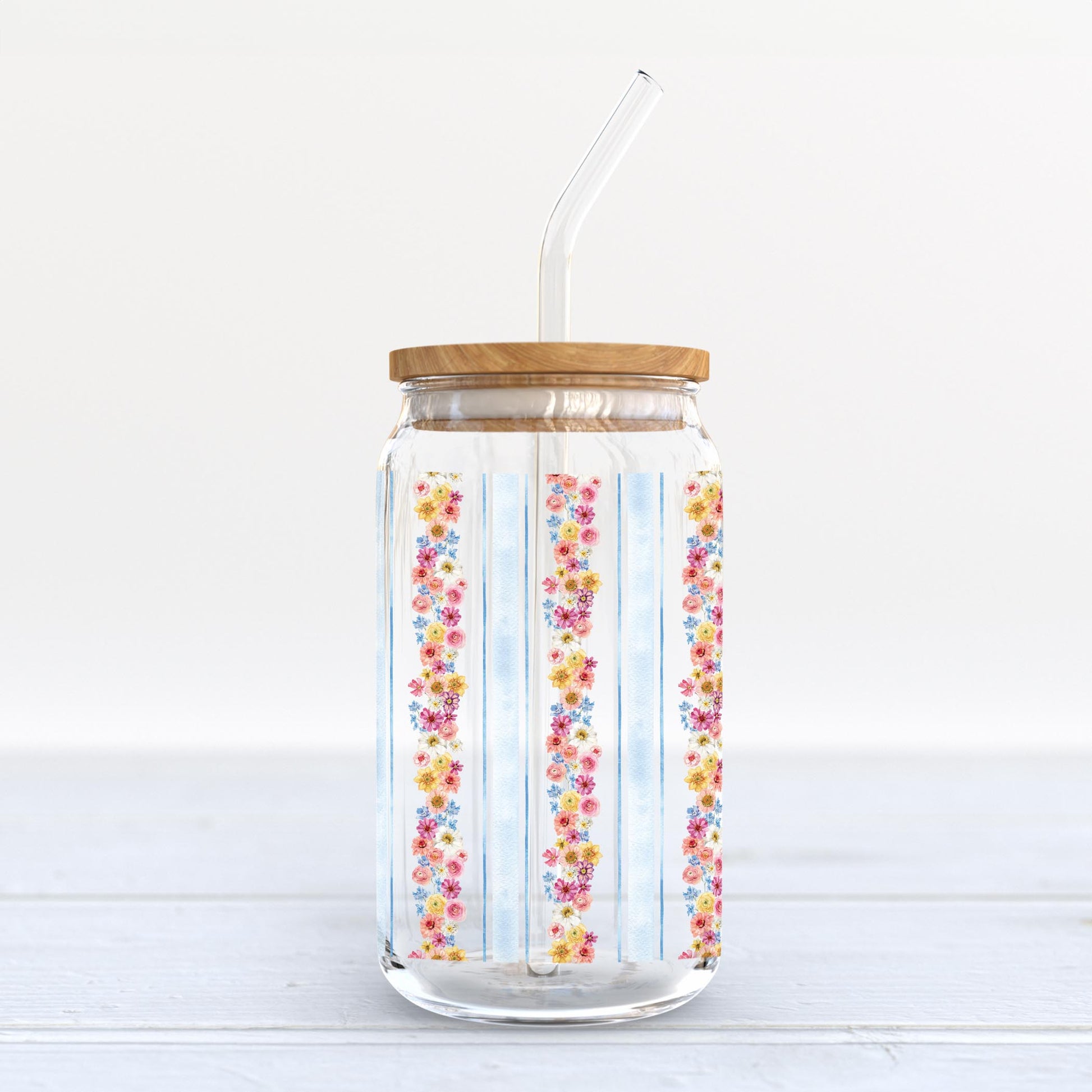 16oz Cold Brew Glass-Fantasy Garden Flower Stripes -6
