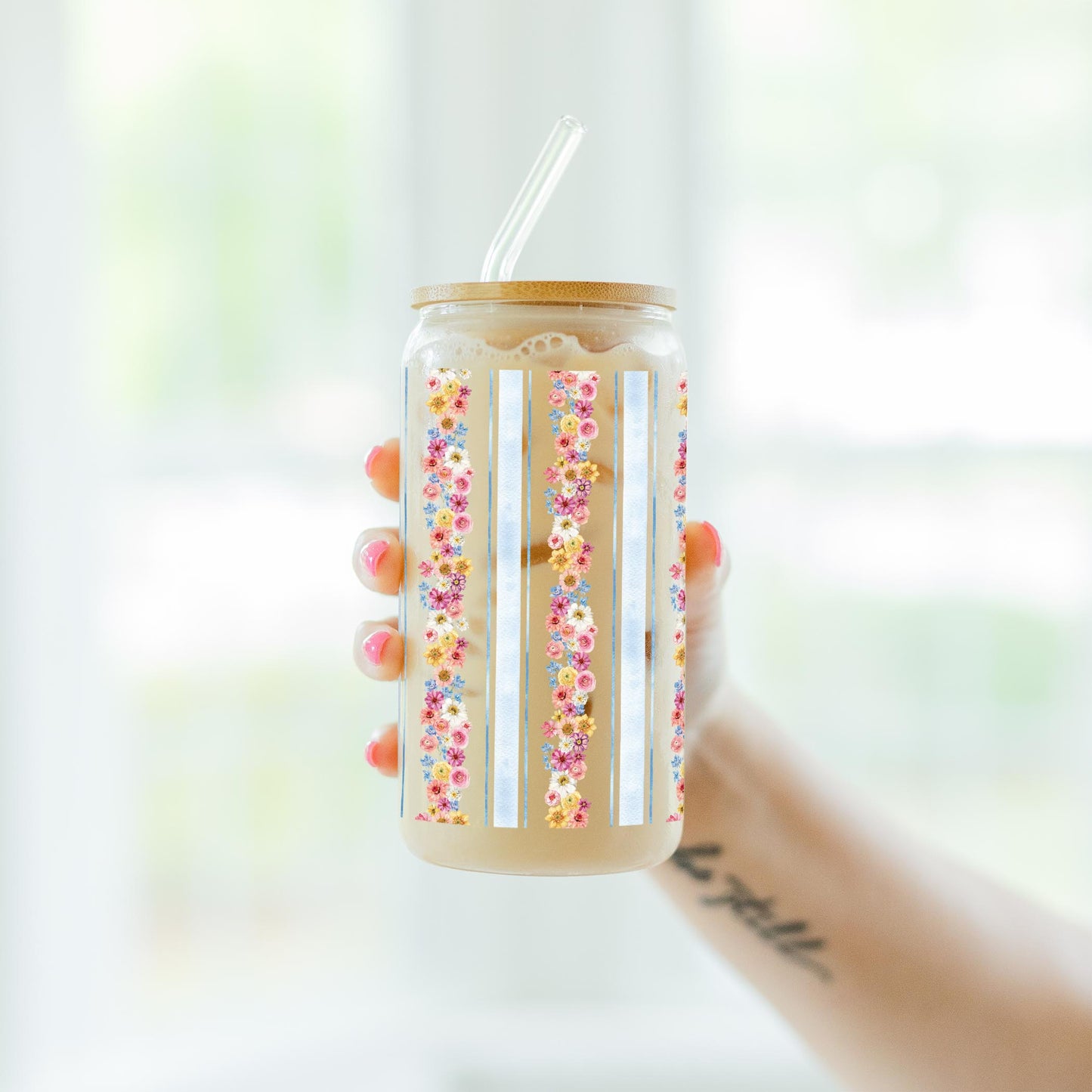 16oz Cold Brew Glass-Fantasy Garden Flower Stripes -7