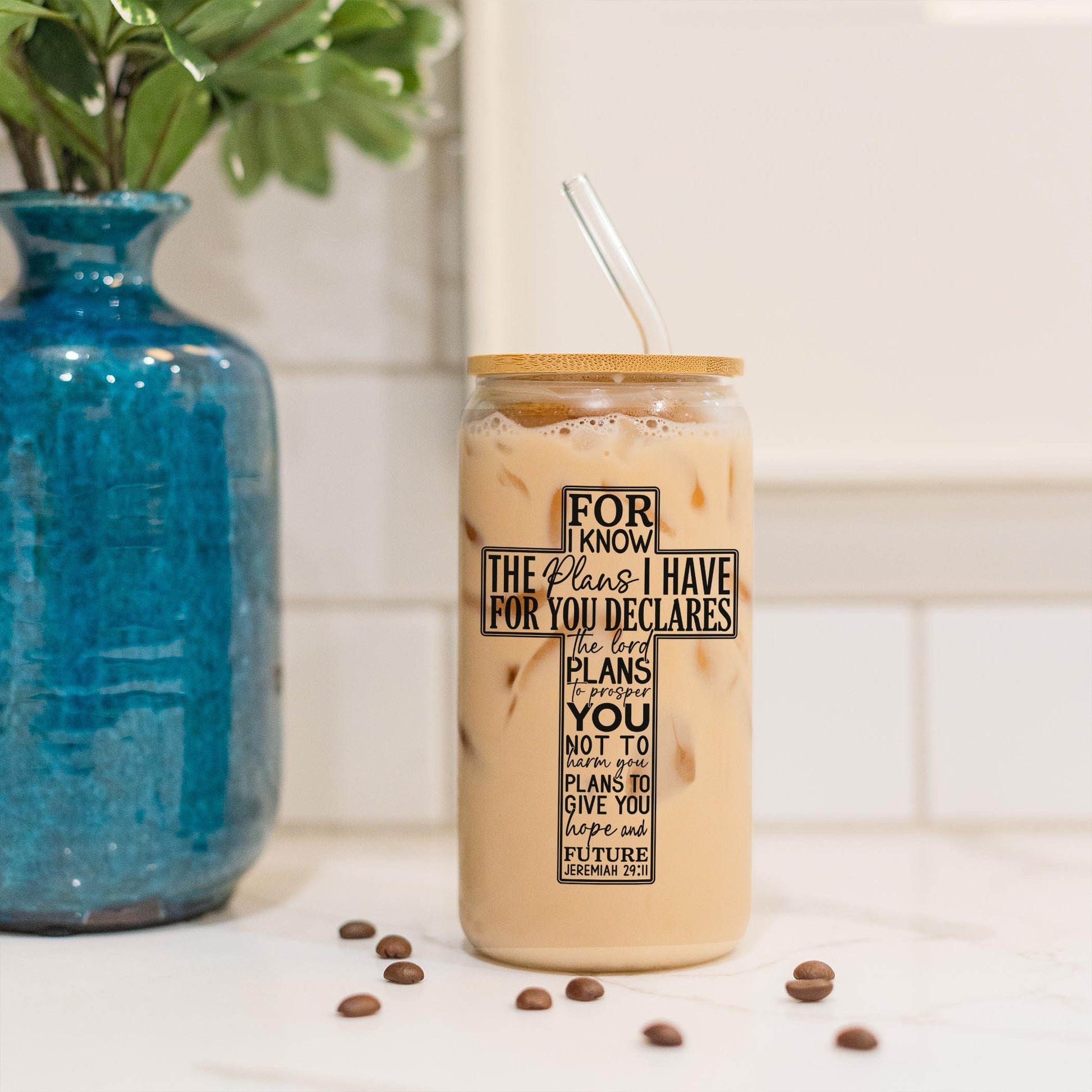 16oz Cold Brew Glass-For I Know The Plans Cross -3