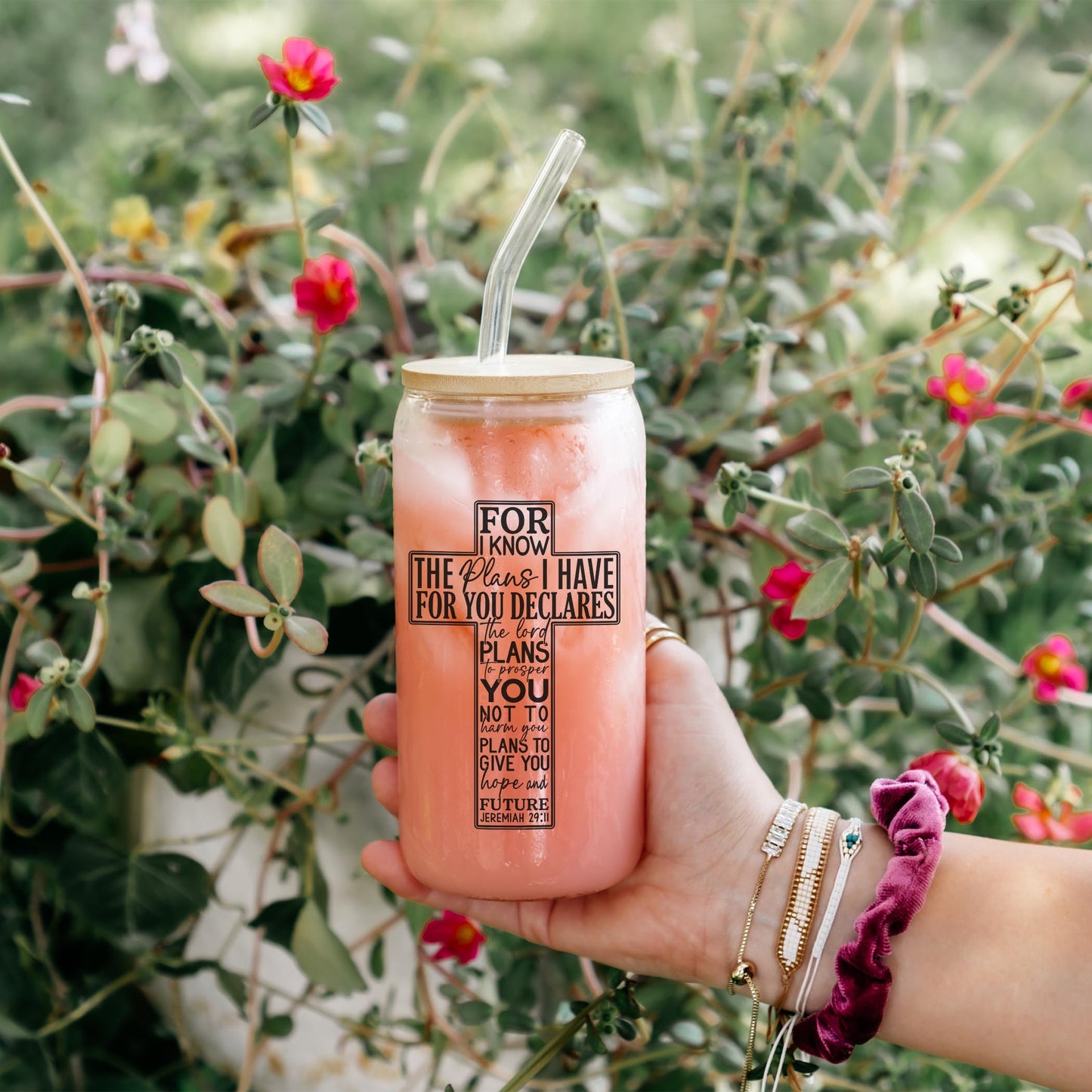16oz Cold Brew Glass-For I Know The Plans Cross -4
