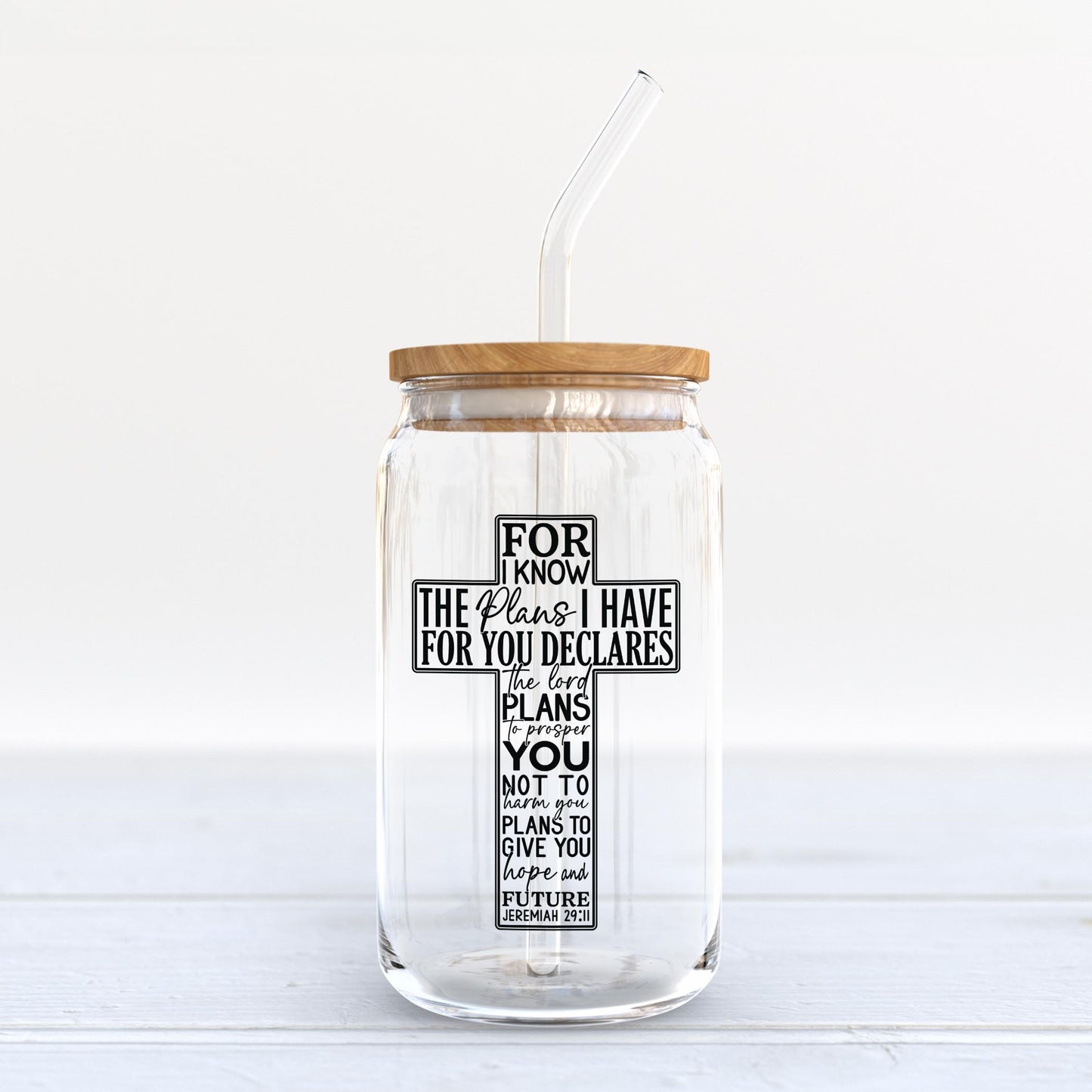 16oz Cold Brew Glass-For I Know The Plans Cross -6