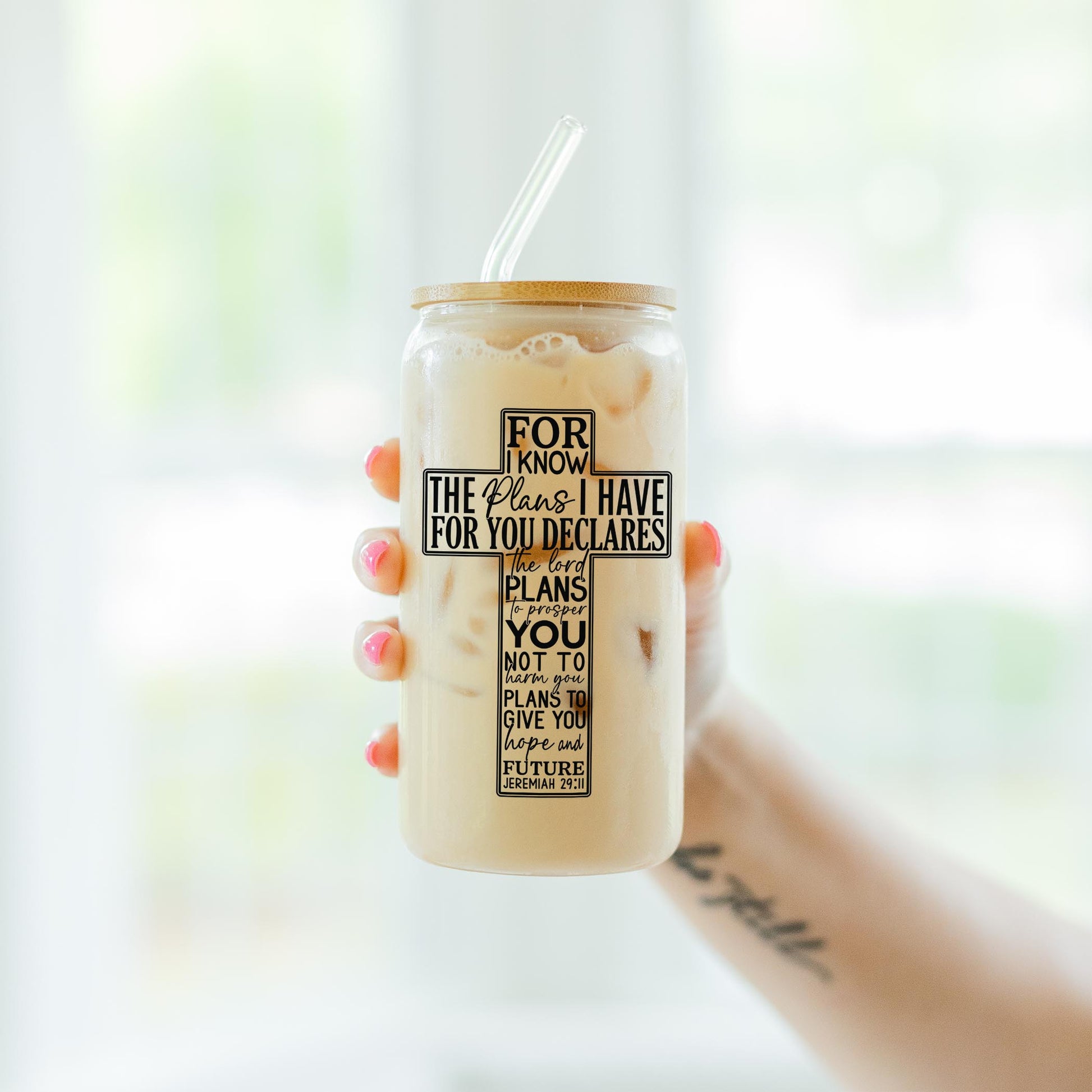 16oz Cold Brew Glass-For I Know The Plans Cross -7