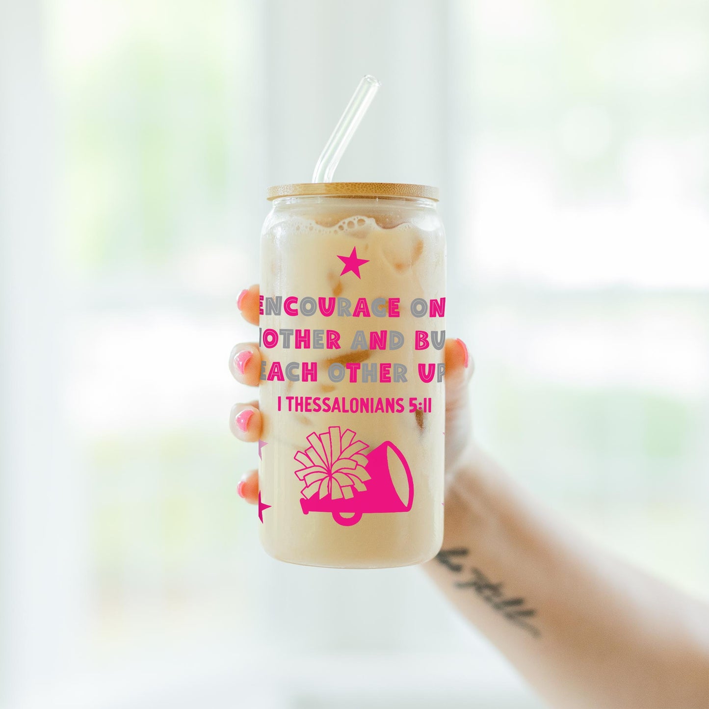 16oz Cold Brew Glass-Encourage One Another Pink & Grey