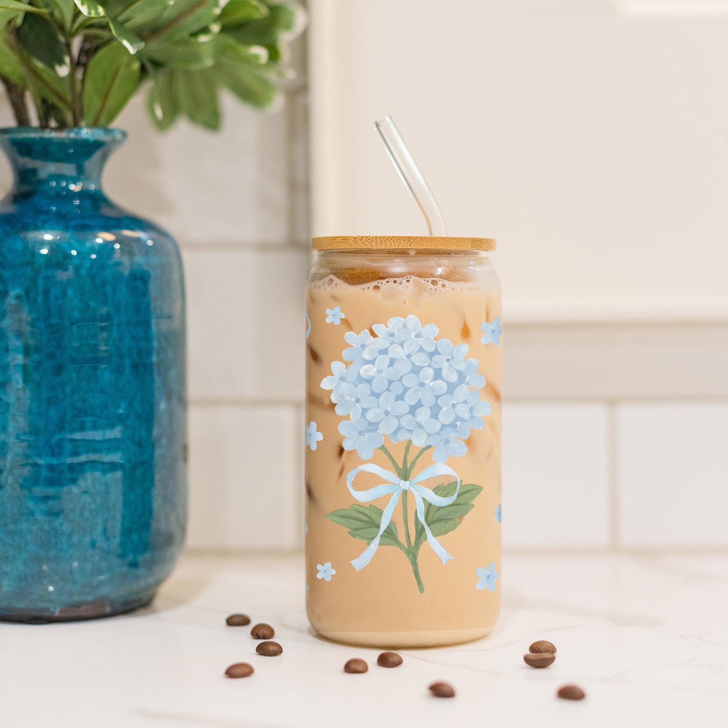 16oz Cold Brew Glass-Hydrangea Cottage -3