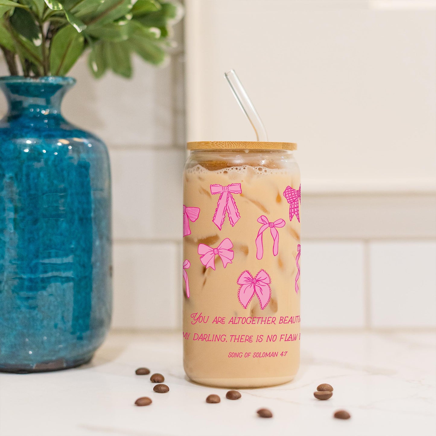 16oz Cold Brew Glass-Pink Bows You Are Altogether Beautiful