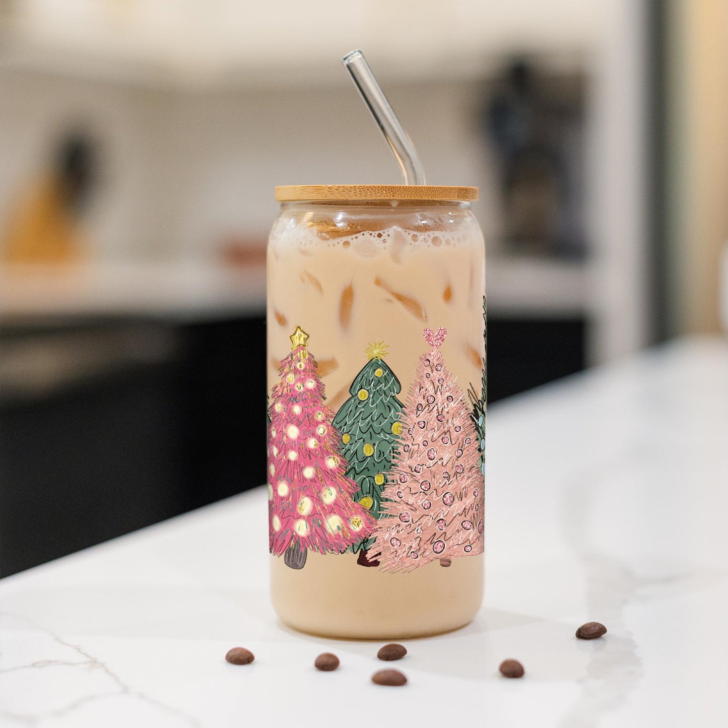 16oz Cold Brew Glass-Pink Christmas Trees