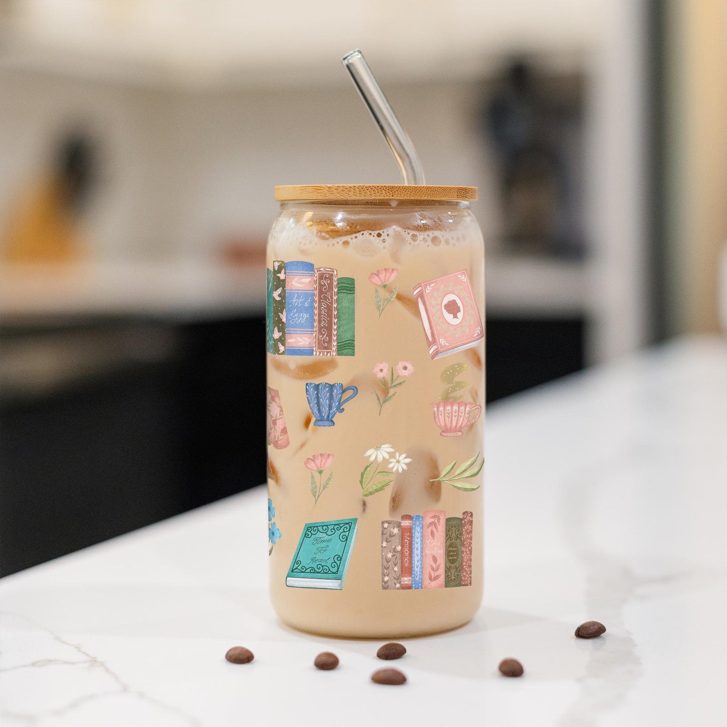 16oz Cold Brew Glass-Pretty Little Chapters Pattern -1