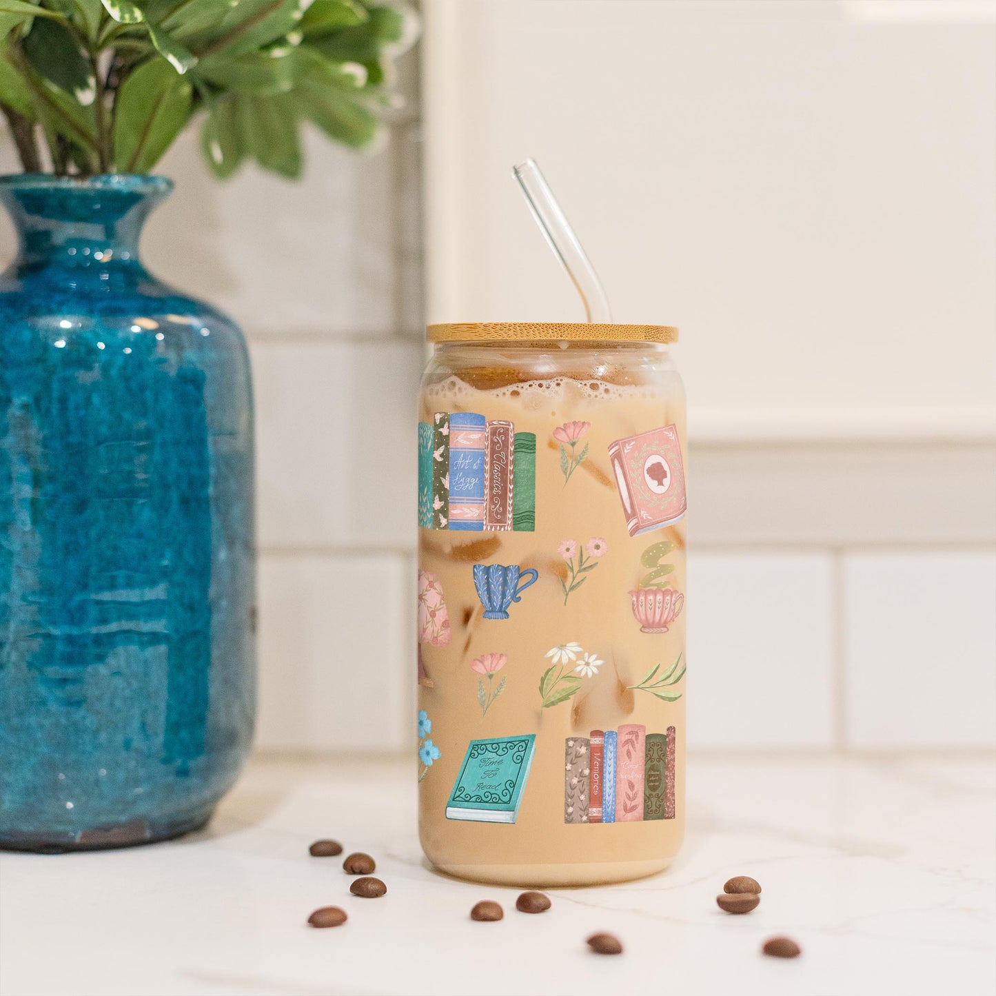 16oz Cold Brew Glass-Pretty Little Chapters Pattern -3