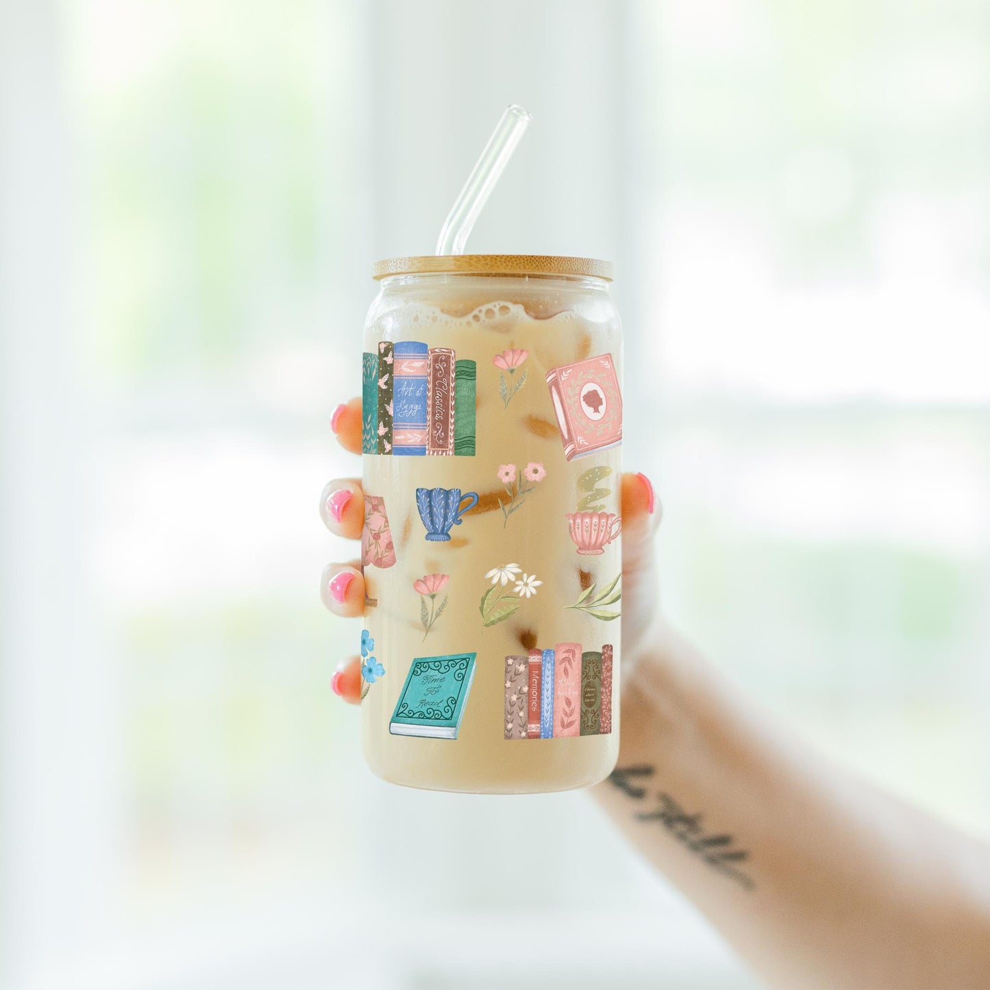 16oz Cold Brew Glass-Pretty Little Chapters Pattern -7