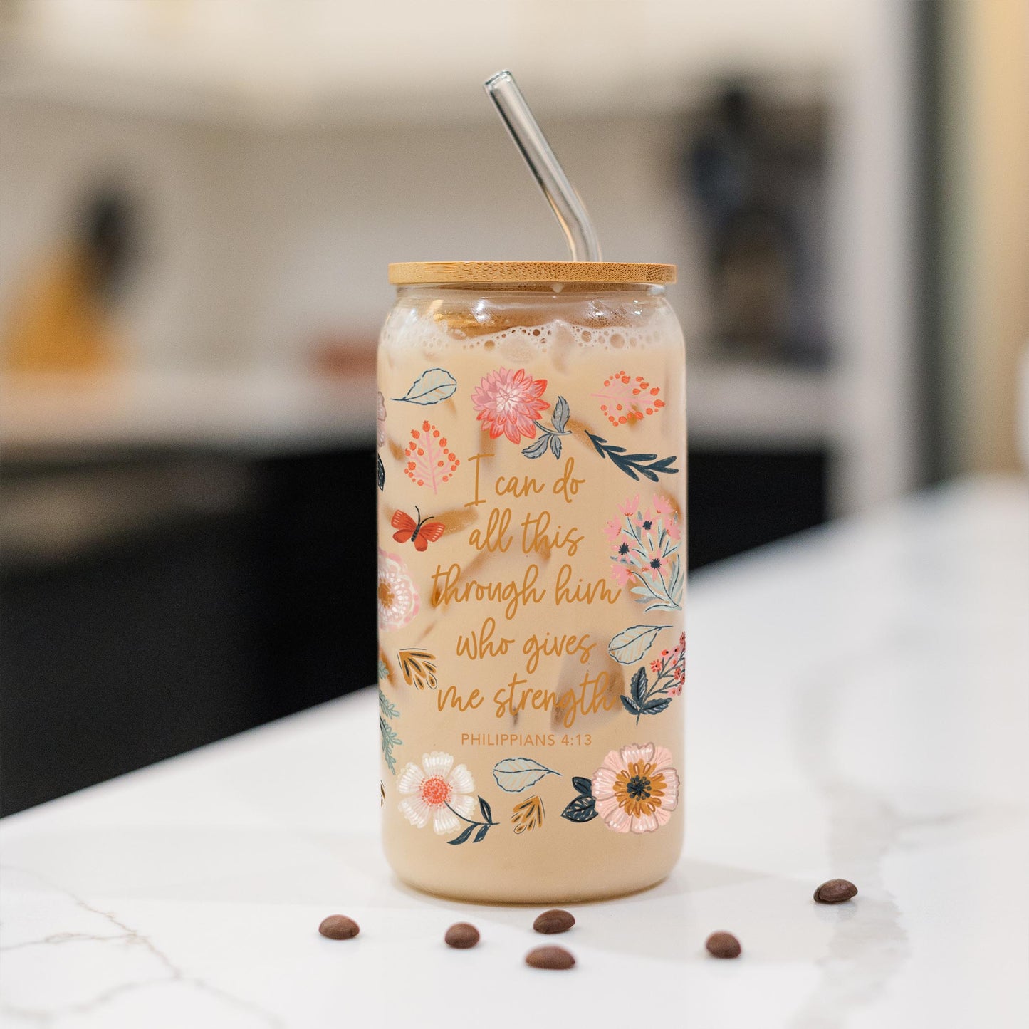 16oz Cold Brew Glass-Pretty Things Floral Faith Gives Me Strength -1