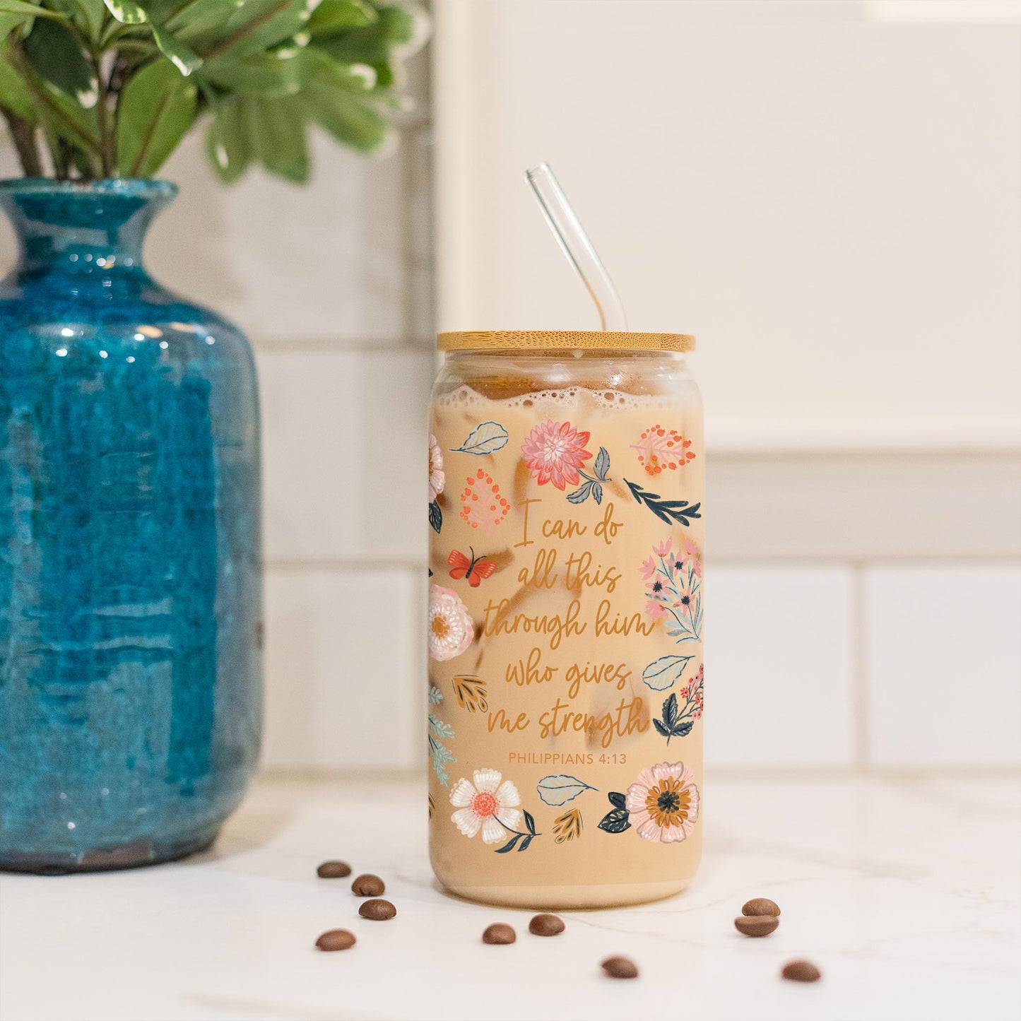 16oz Cold Brew Glass-Pretty Things Floral Faith Gives Me Strength -3