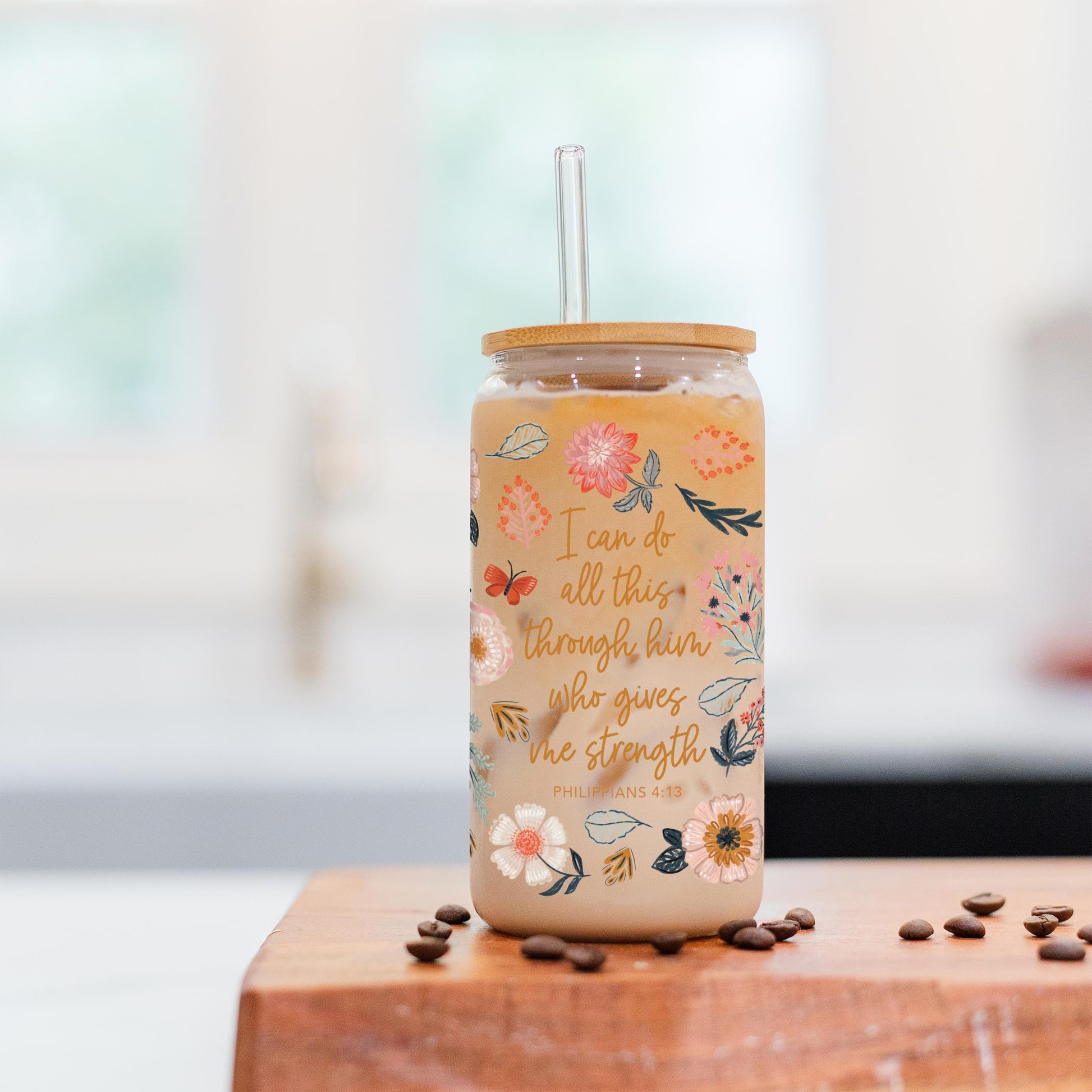 16oz Cold Brew Glass-Pretty Things Floral Faith Gives Me Strength -5