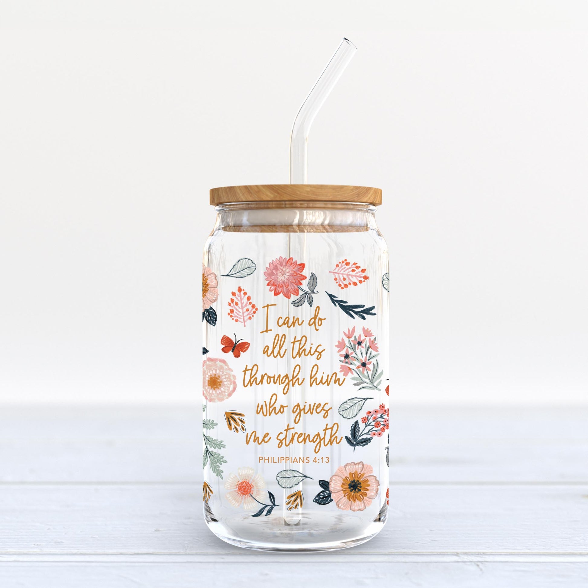 16oz Cold Brew Glass-Pretty Things Floral Faith Gives Me Strength -6