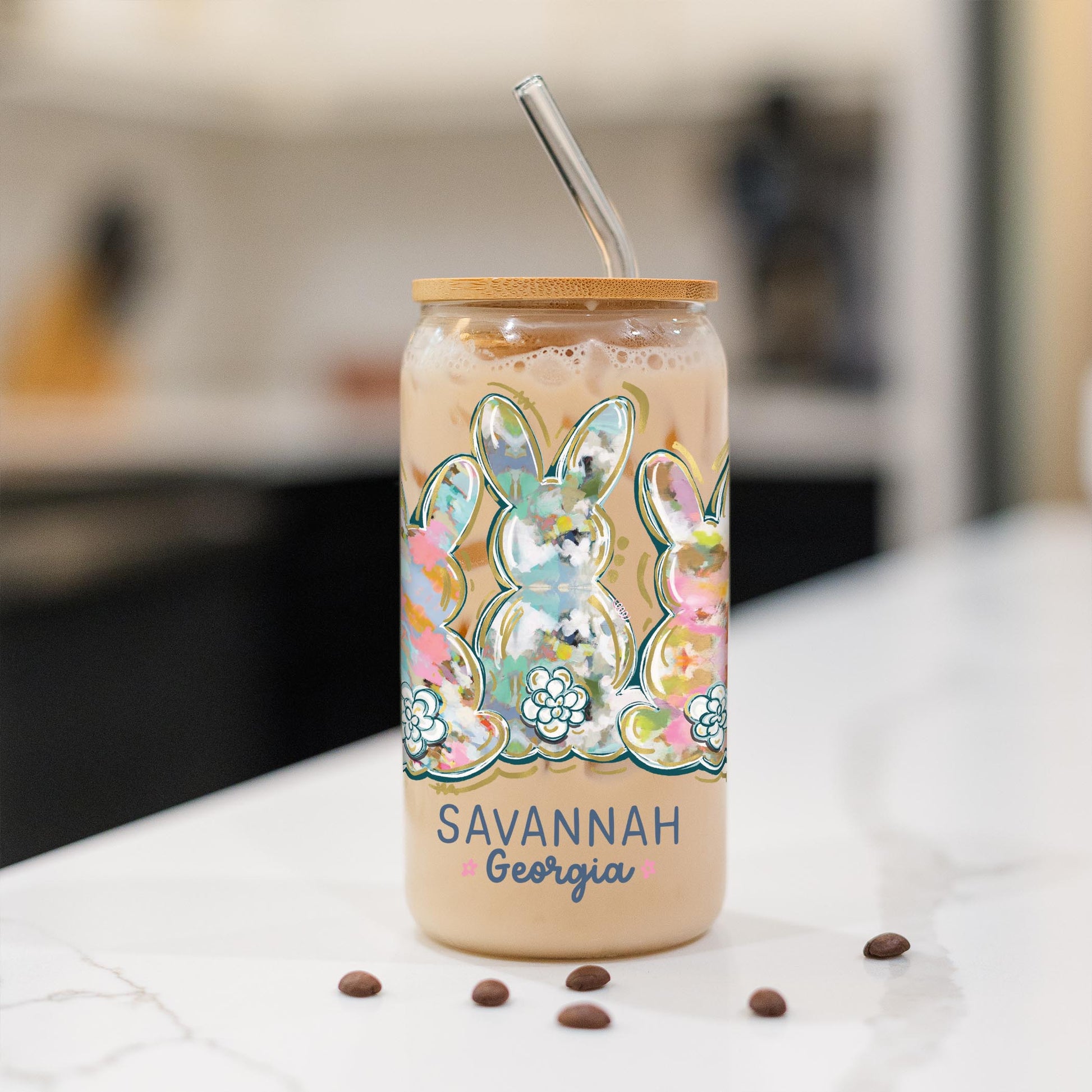 16oz Cold Brew Glass-Love+Local Watercolor Easter Bunny Trio -1