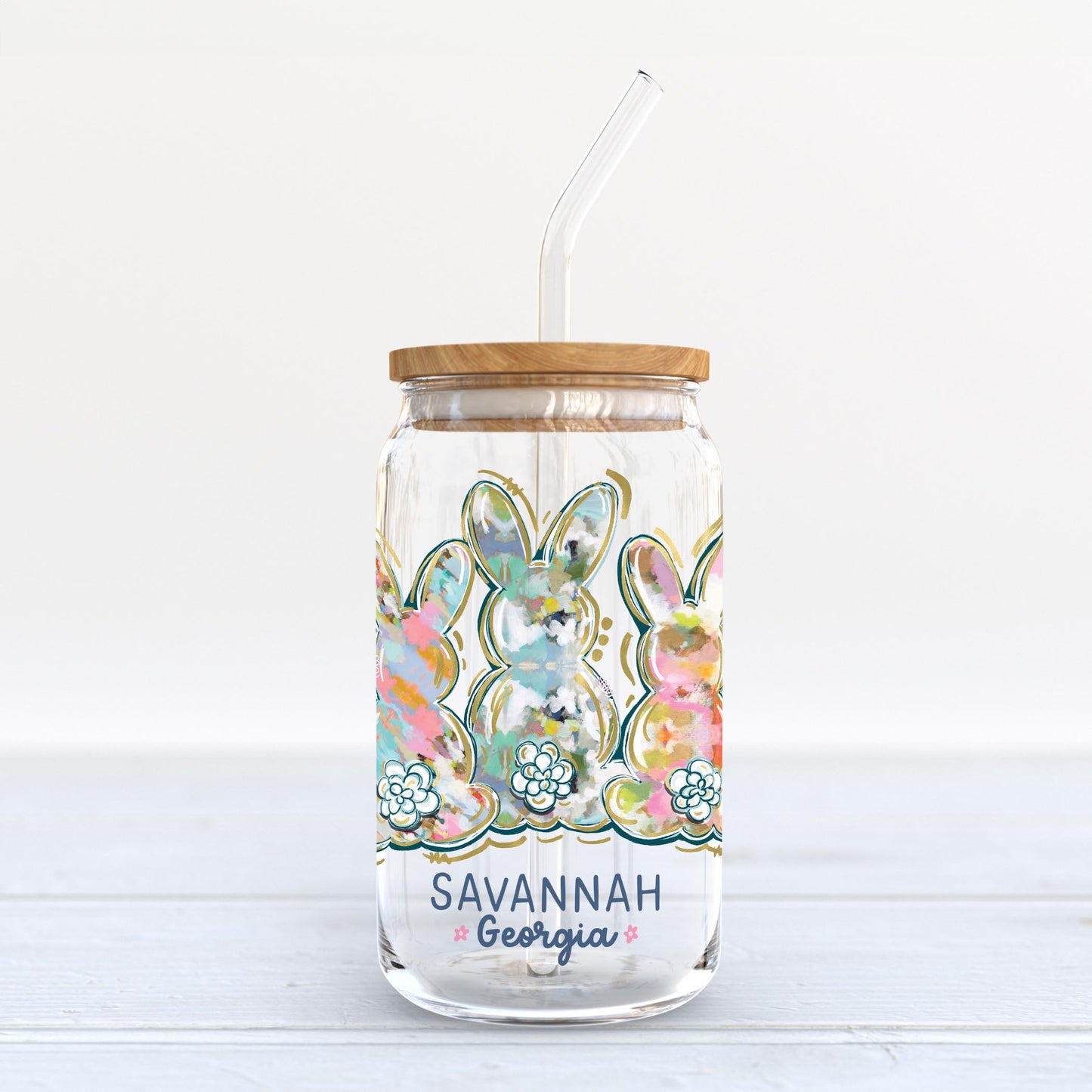 16oz Cold Brew Glass-Love+Local Watercolor Easter Bunny Trio -3