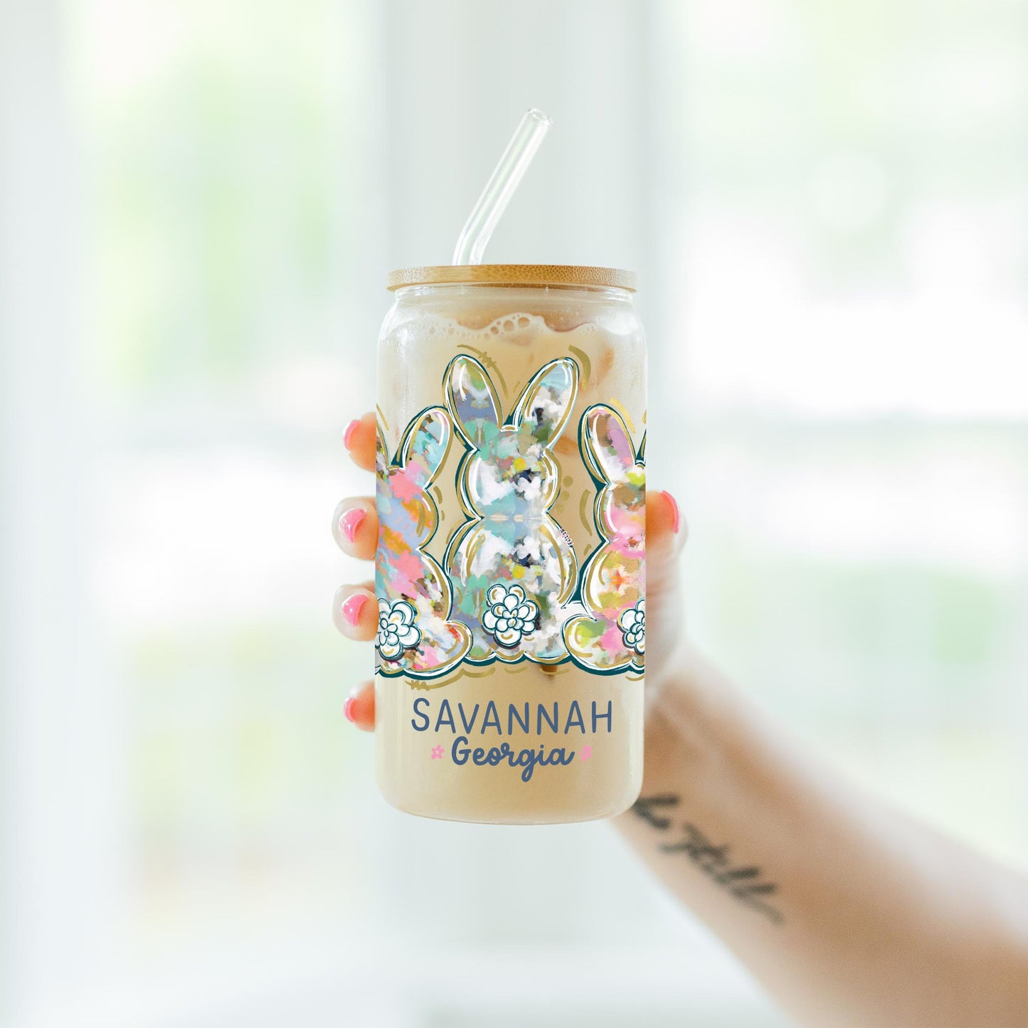 16oz Cold Brew Glass-Love+Local Watercolor Easter Bunny Trio -4