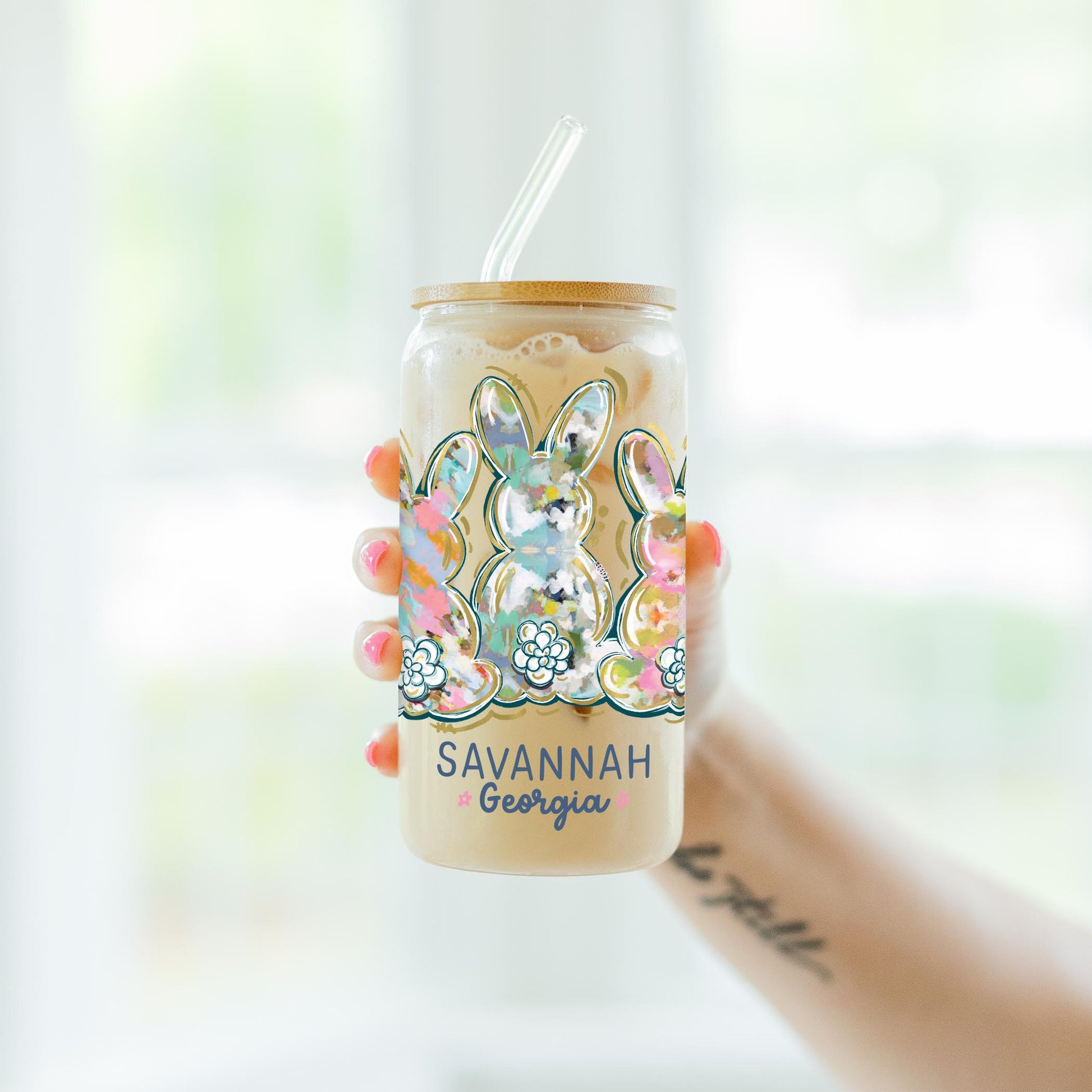 16oz Cold Brew Glass-Love+Local Watercolor Easter Bunny Trio -4