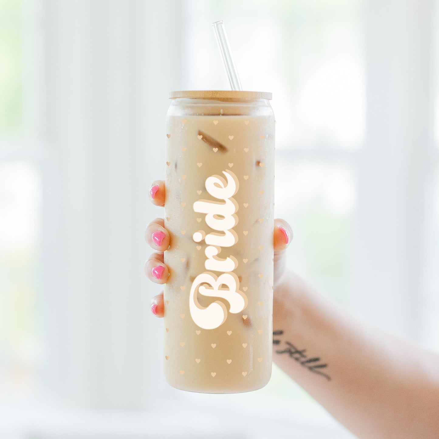 24oz Cold Brew Glass-Happily Ever After Bride Hearts -3