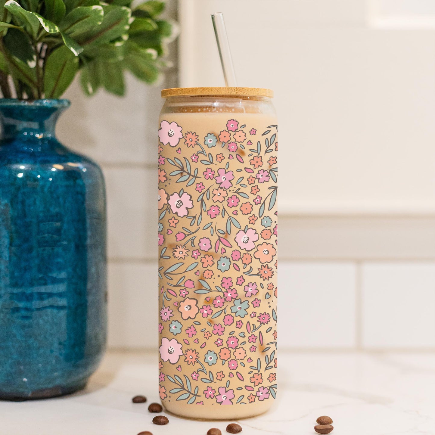 24oz Cold Brew Glass-Floral Pattern