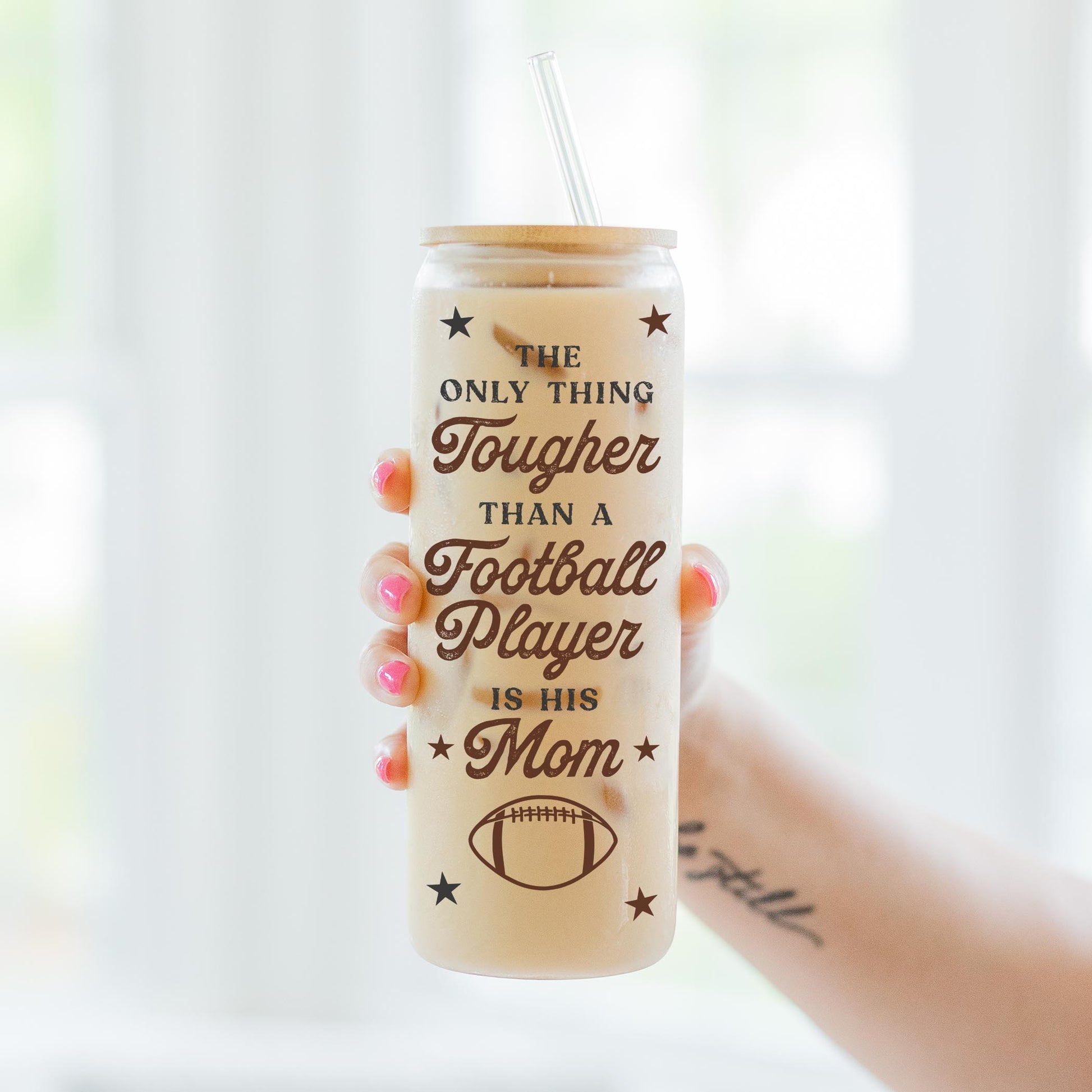 24oz Cold Brew Glass-Football Mom Tough -3