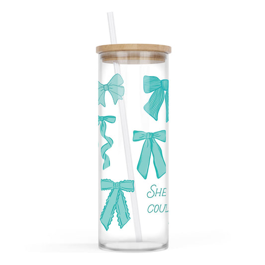 24oz Cold Brew Glass-Blue Bows She Believed She Could