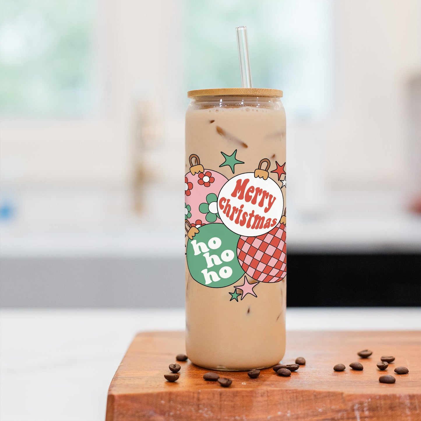 24oz Cold Brew Glass-Retro Christmas Ornaments