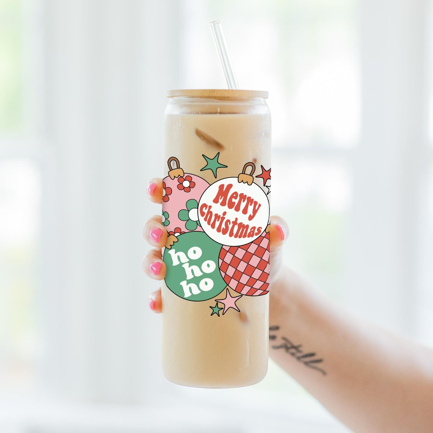 24oz Cold Brew Glass-Retro Christmas Ornaments