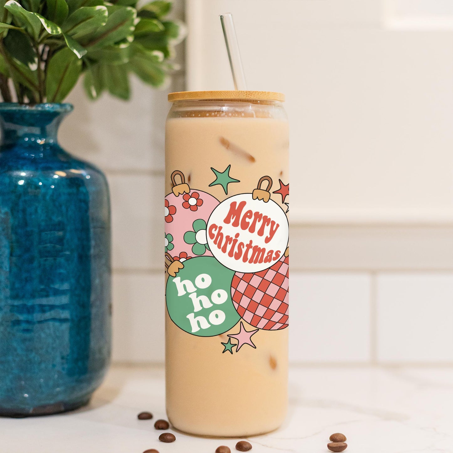 24oz Cold Brew Glass-Retro Christmas Ornaments