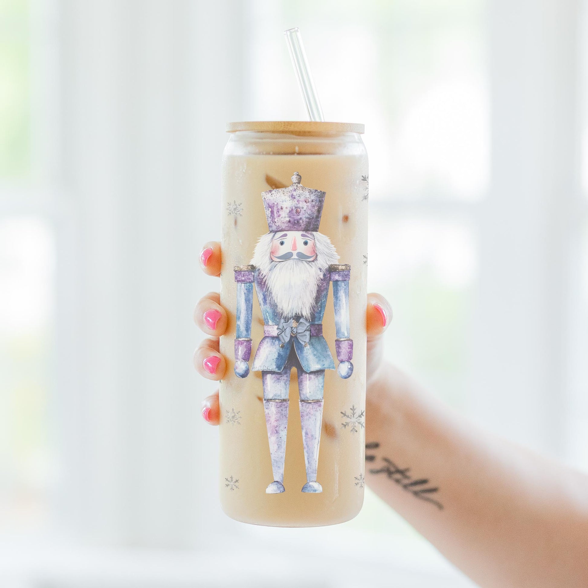 24oz Cold Brew Glass-Holiday Tidings Watercolor Nutcracker -3