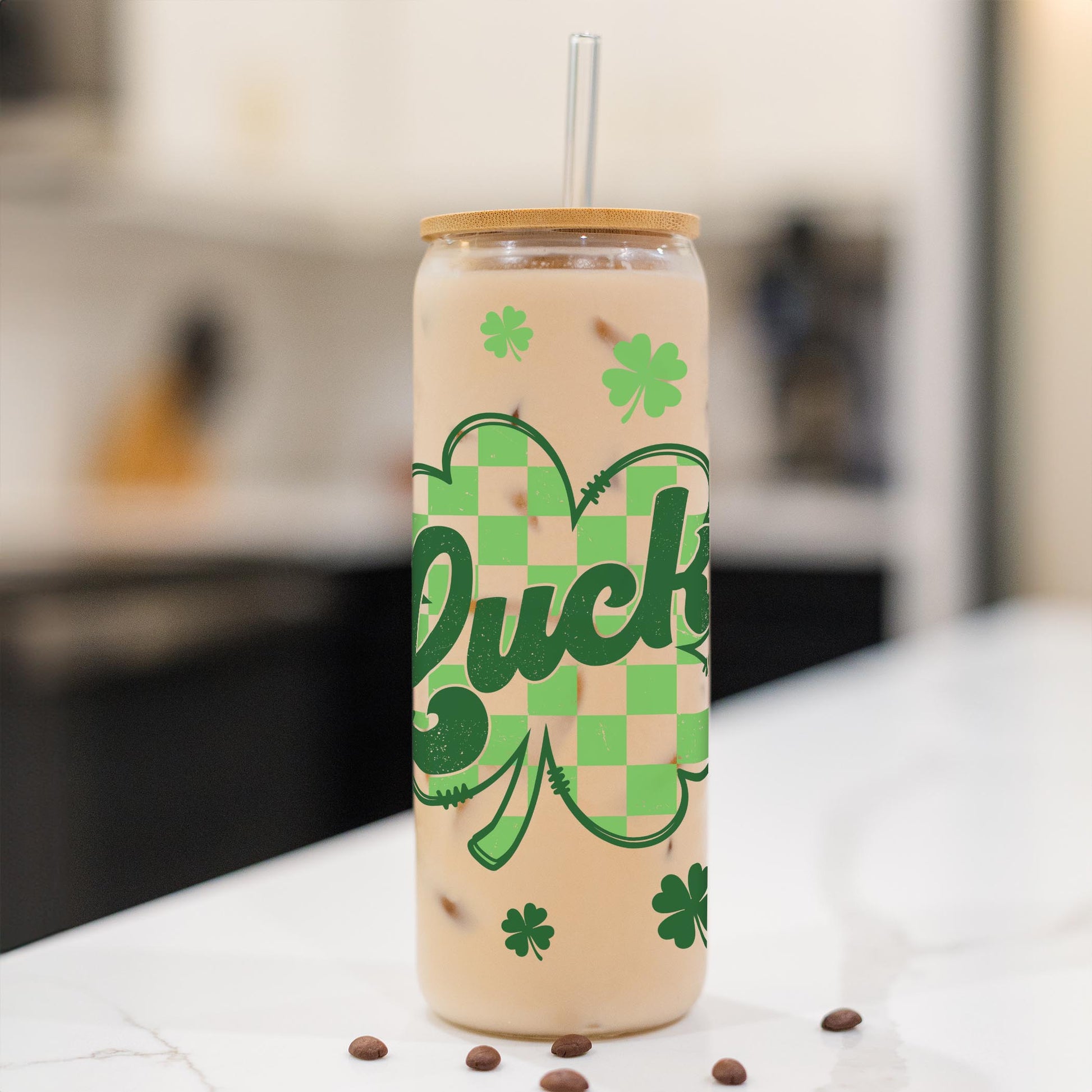 24oz Cold Brew Glass-St. Patrick's Day Lucky Checker Shamrock -1