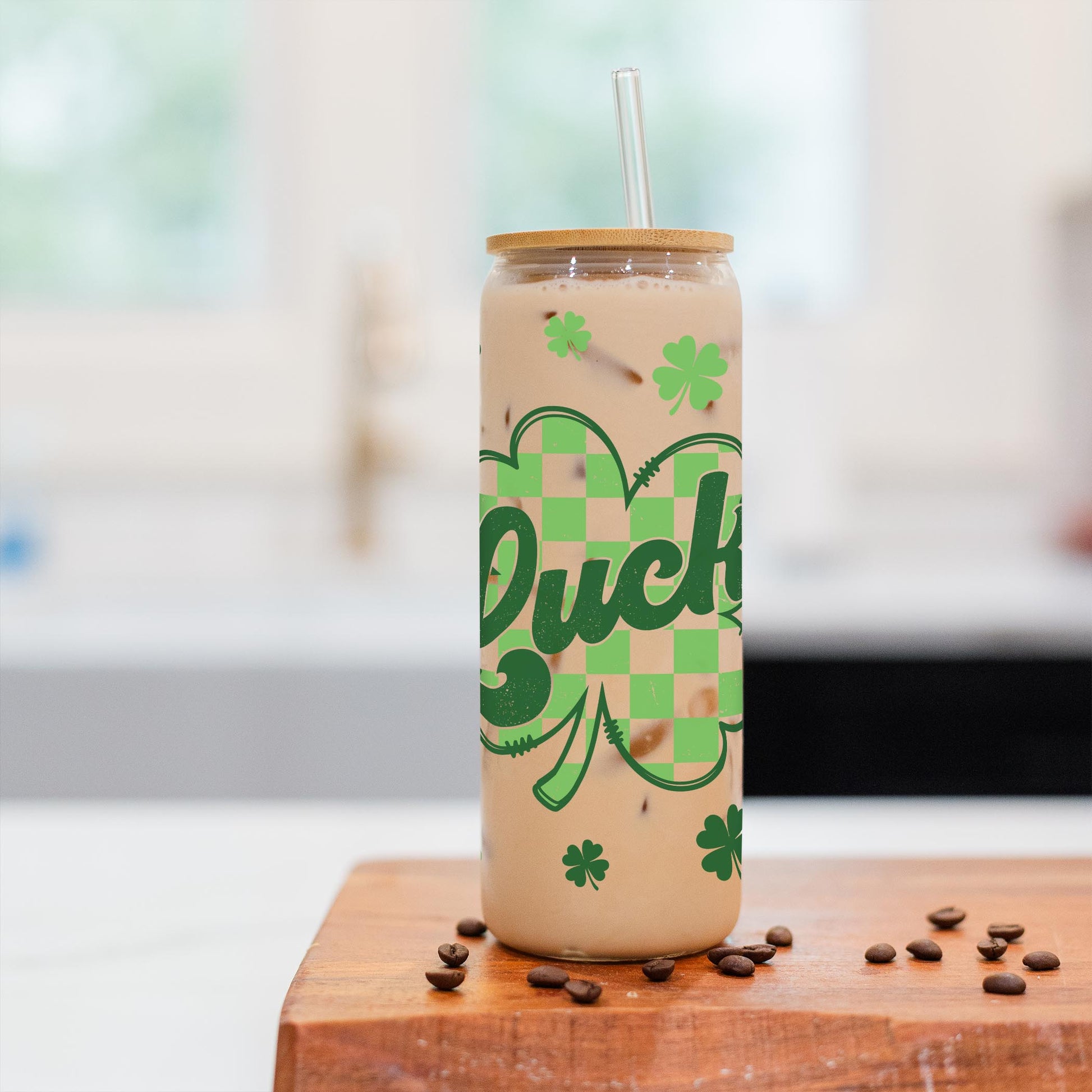 24oz Cold Brew Glass-St. Patrick's Day Lucky Checker Shamrock -2
