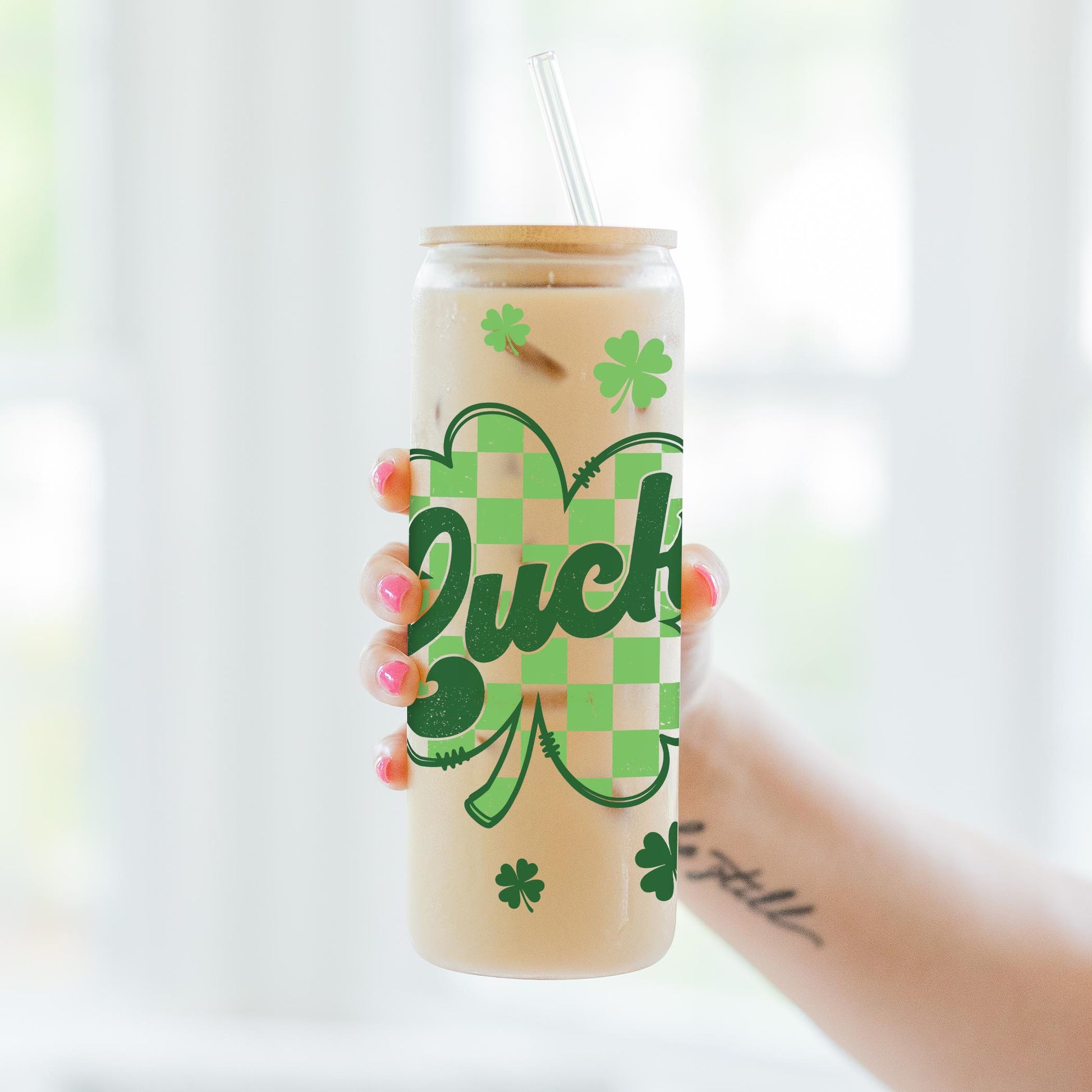 24oz Cold Brew Glass-St. Patrick's Day Lucky Checker Shamrock -3