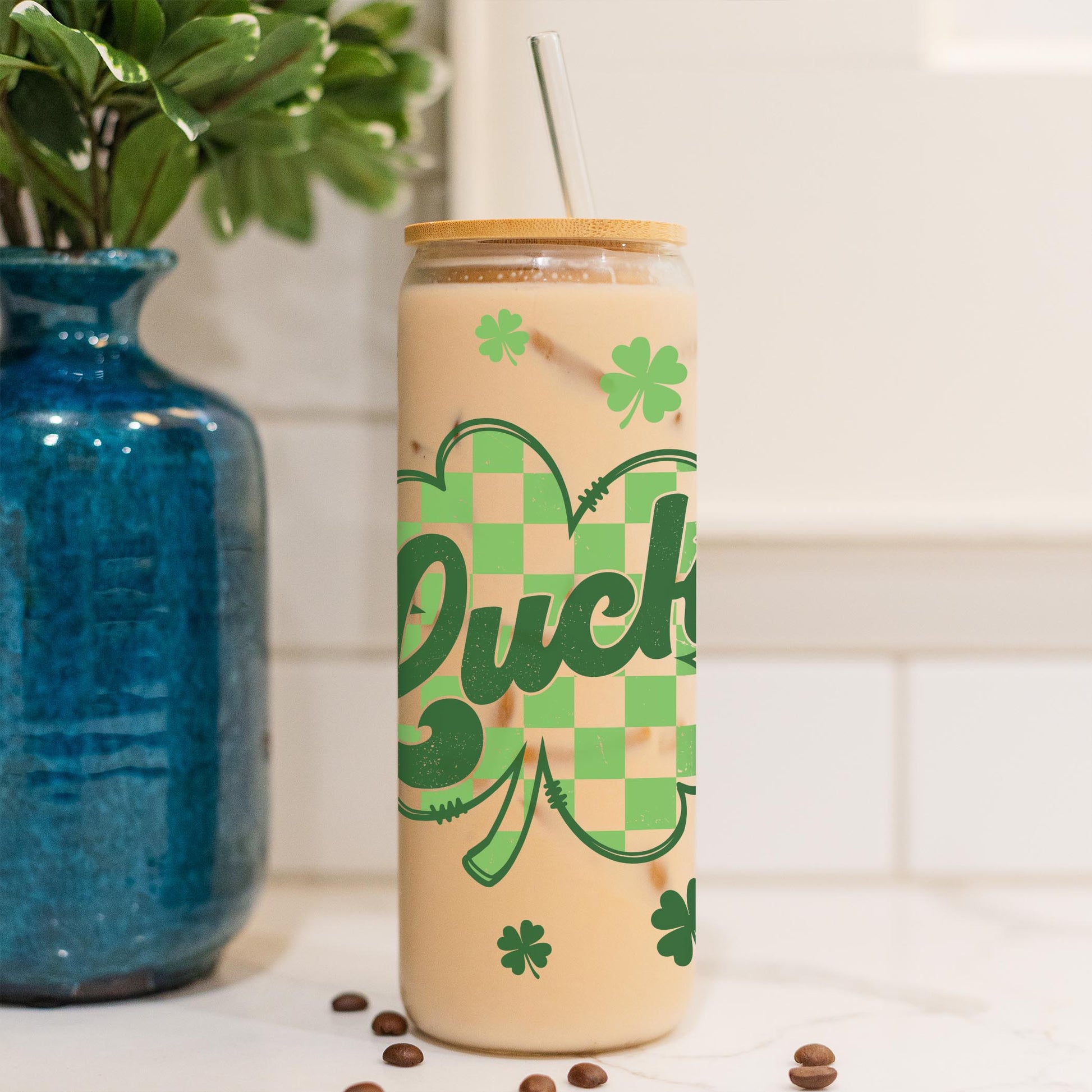 24oz Cold Brew Glass-St. Patrick's Day Lucky Checker Shamrock -4
