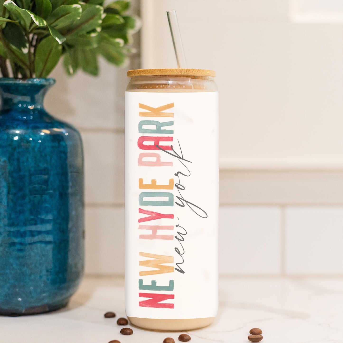 24oz Cold Brew Glass-Watercolor City New Hyde Park NY
