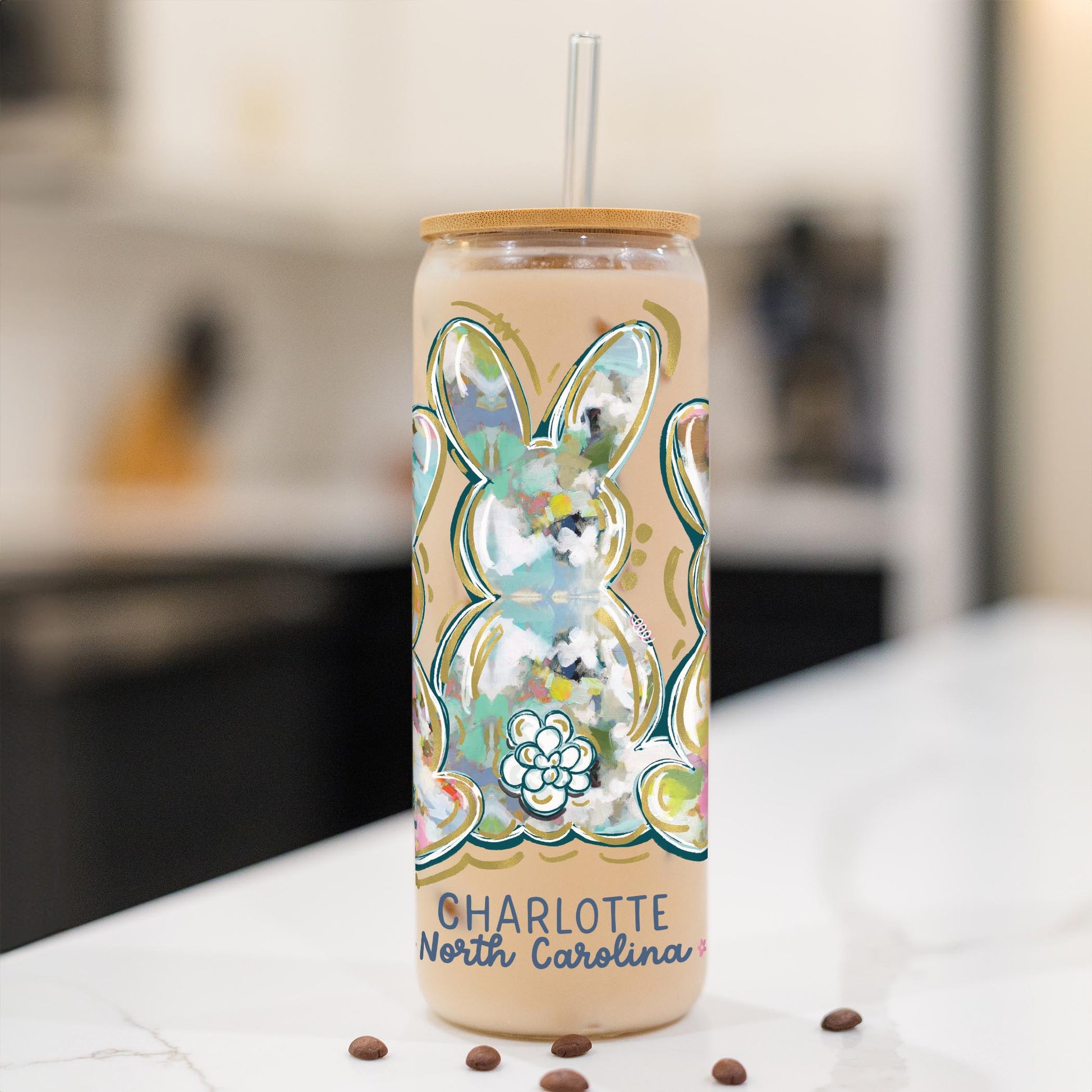 24oz Cold Brew Glass-Love+Local Watercolor Easter Bunny Trio -1