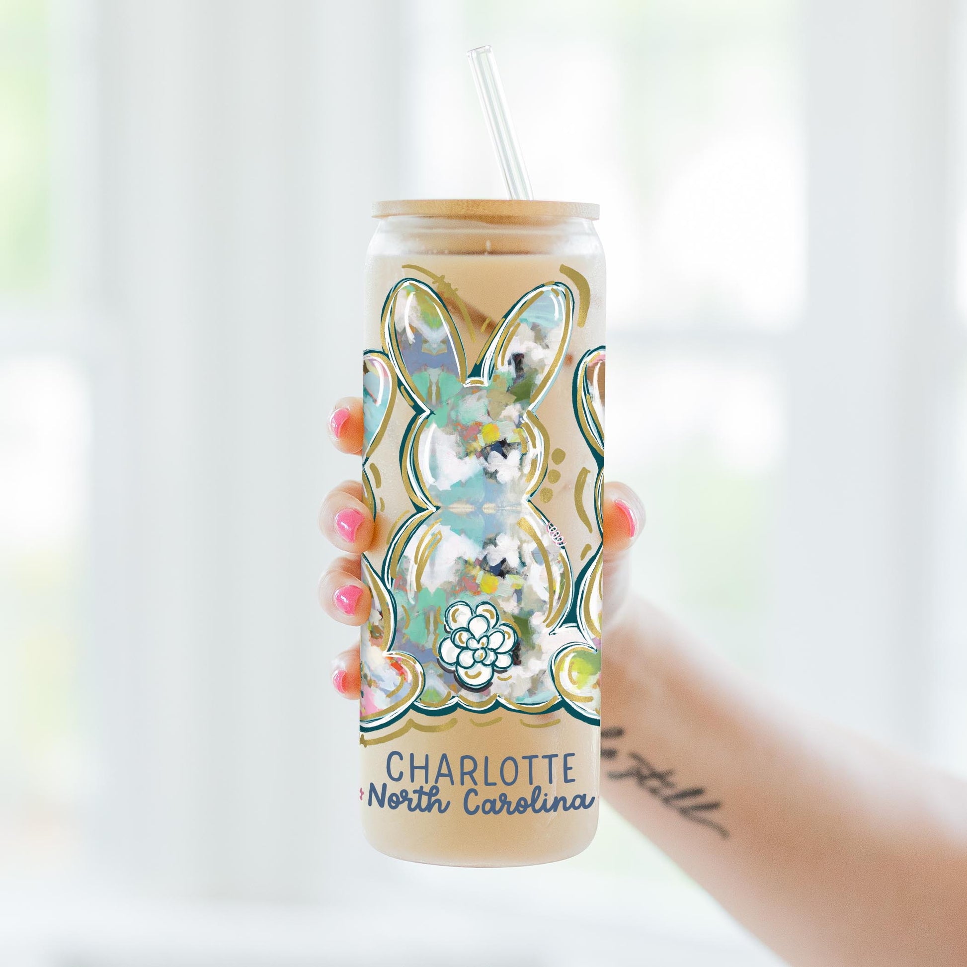 24oz Cold Brew Glass-Love+Local Watercolor Easter Bunny Trio -3