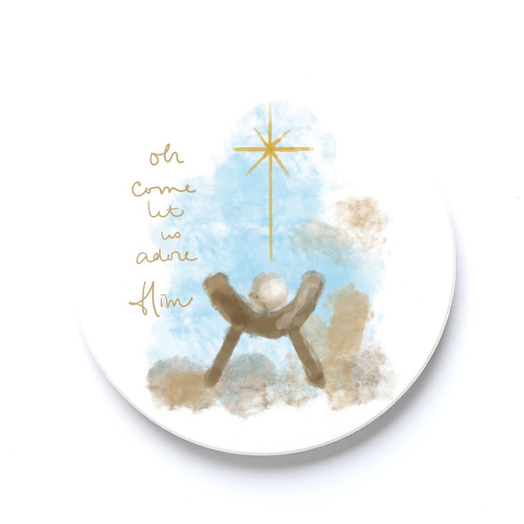 Car Coaster-Let Us Adore Him Watercolor Manger