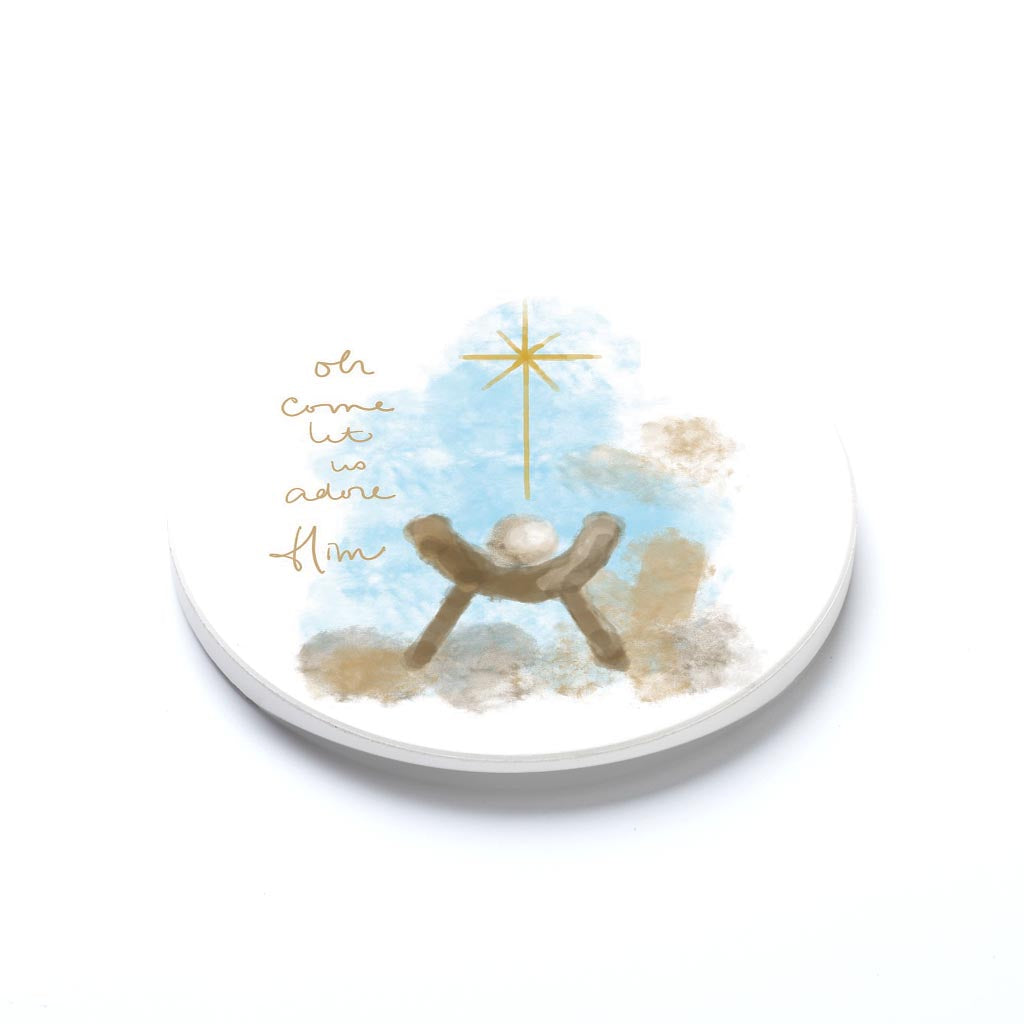 Car Coaster-Let Us Adore Him Watercolor Manger
