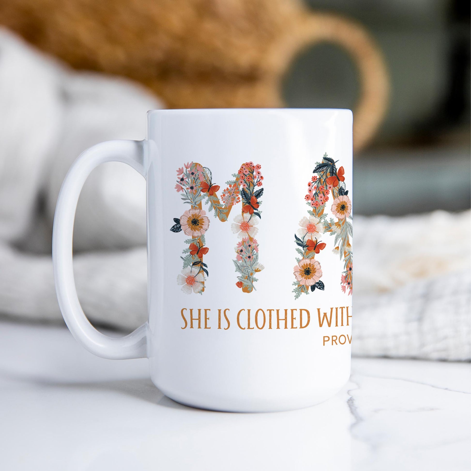 15oz Coffee Mug White-Pretty Things Floral Faith Mama -2