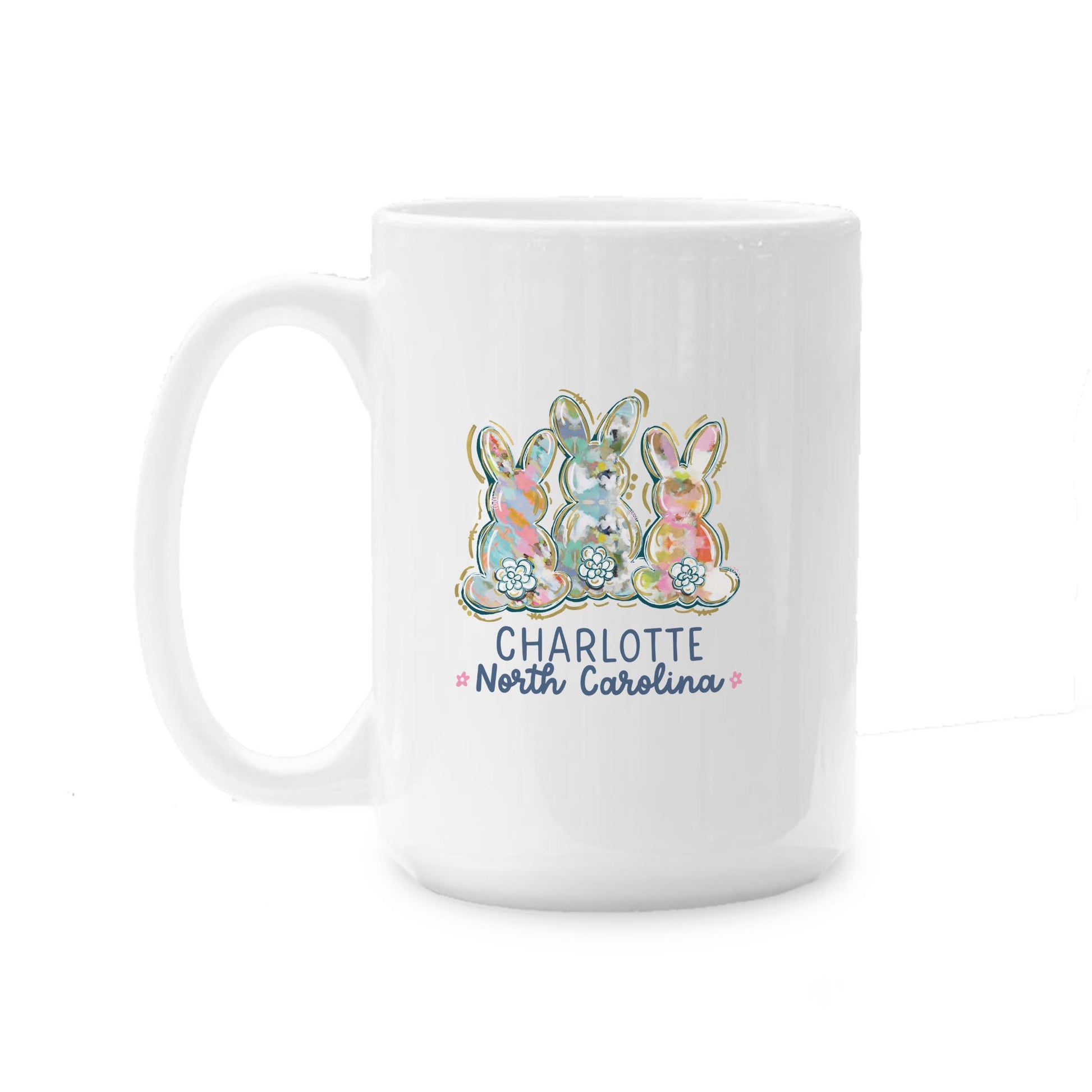 15oz Coffee Mug White-Love+Local Watercolor Easter Bunny Trio -0