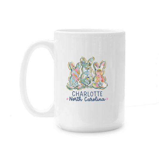15oz Coffee Mug White-Love+Local Watercolor Easter Bunny Trio -0