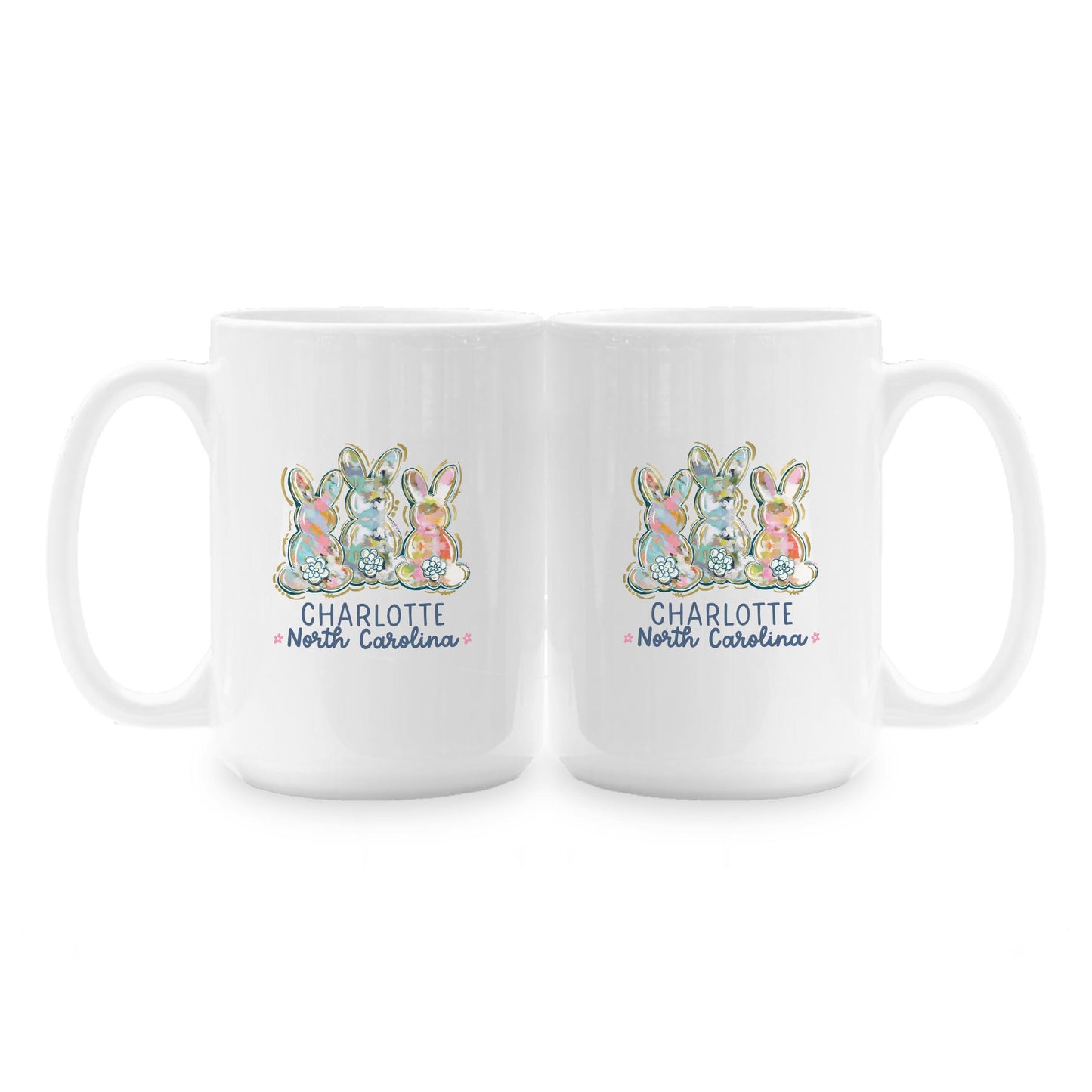 15oz Coffee Mug White-Love+Local Watercolor Easter Bunny Trio -1