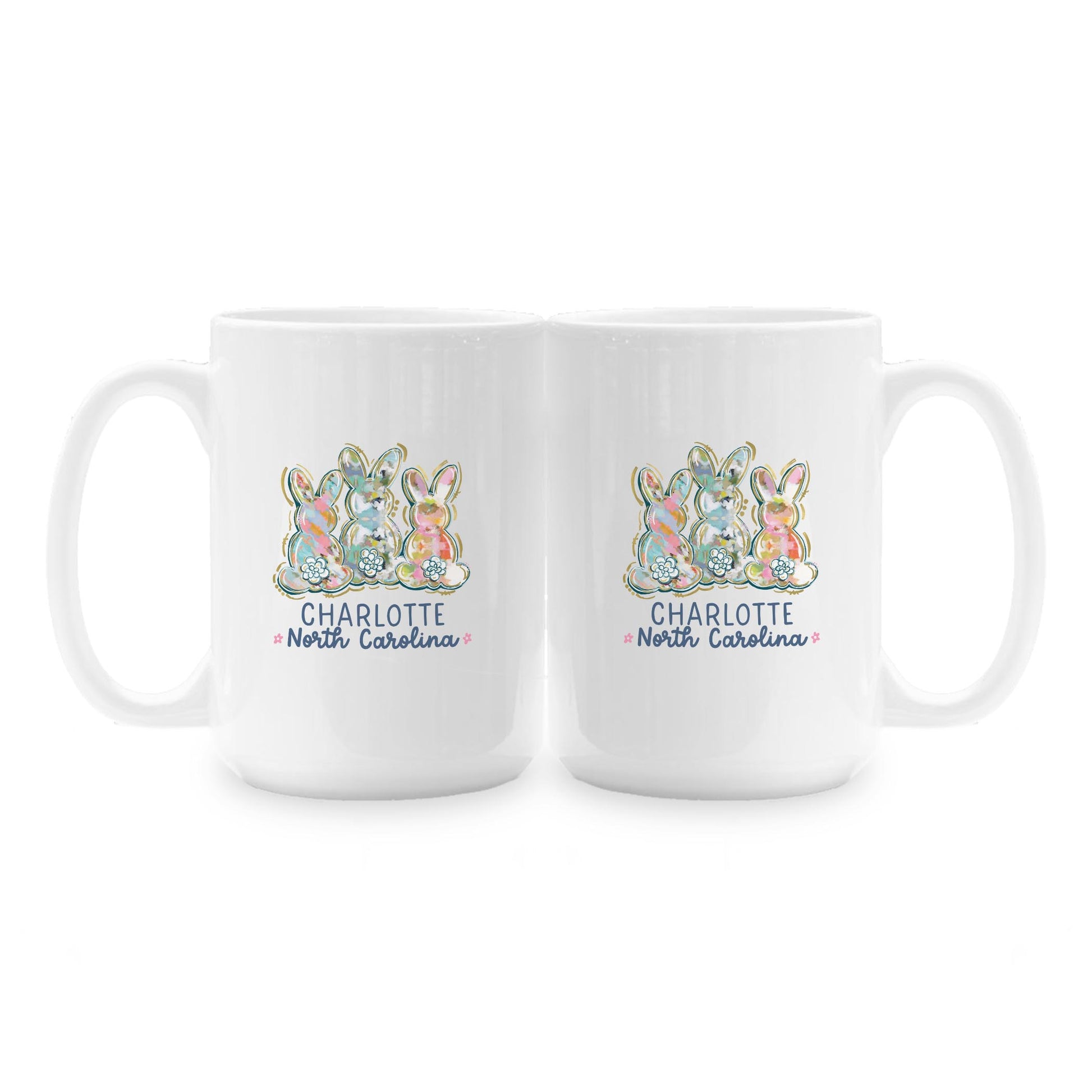 15oz Coffee Mug White-Love+Local Watercolor Easter Bunny Trio -1